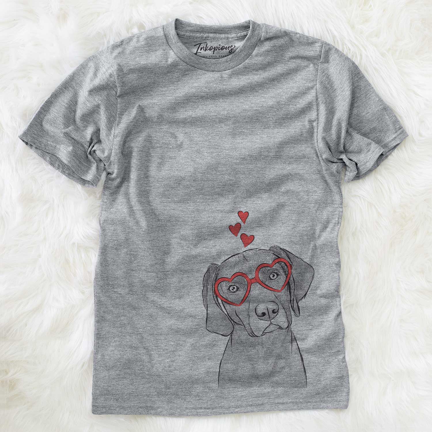 Hand-drawn sketch of Willow the Weizsla wearing heart-shaped glasses on a Grey Unisex crewneck