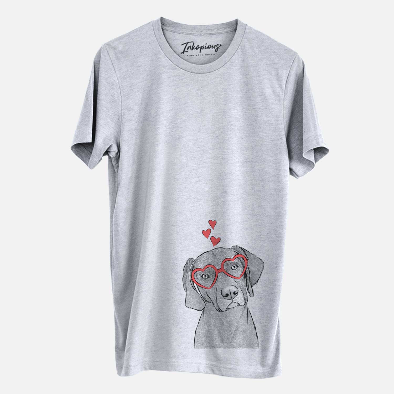 Hand-drawn sketch of Willow the Weizsla wearing heart-shaped glasses on a Grey Unisex crewneck