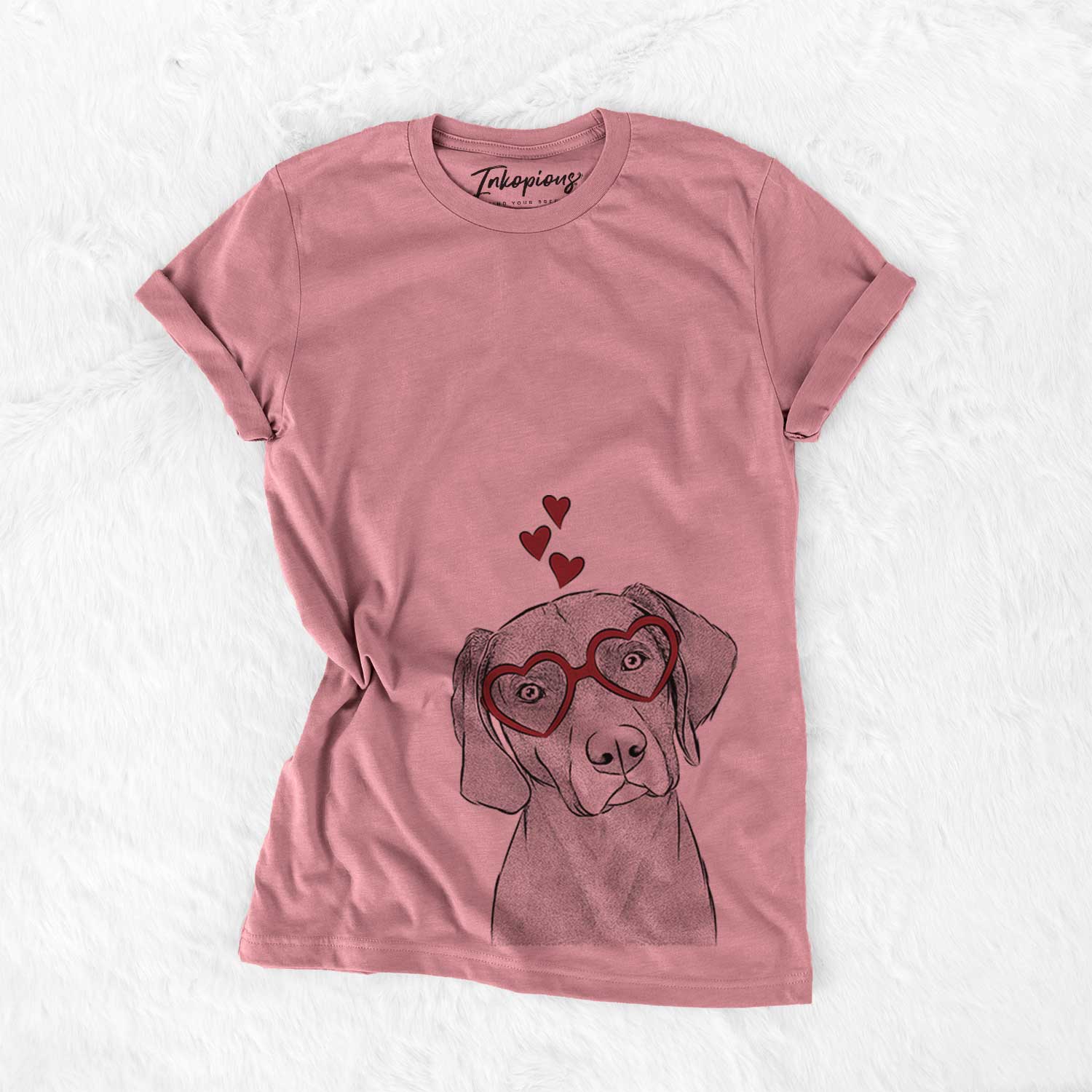 Hand-drawn sketch of Willow the Weizsla wearing heart-shaped glasses on a Mauve Bella Canvas Unisex Crewneck