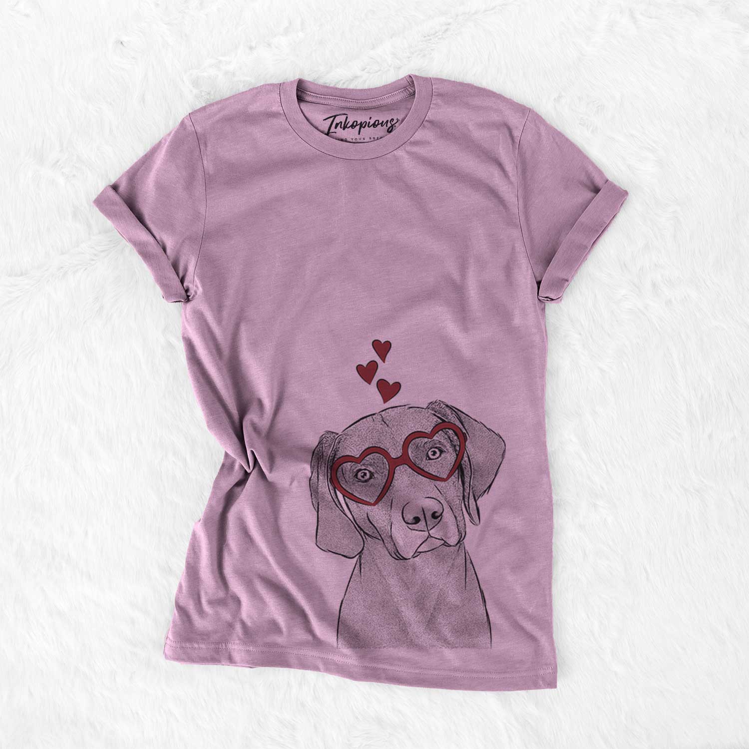 Hand-drawn sketch of Willow the Weizsla wearing heart-shaped glasses on an Orchid Bella Canvas Unisex Crewneck