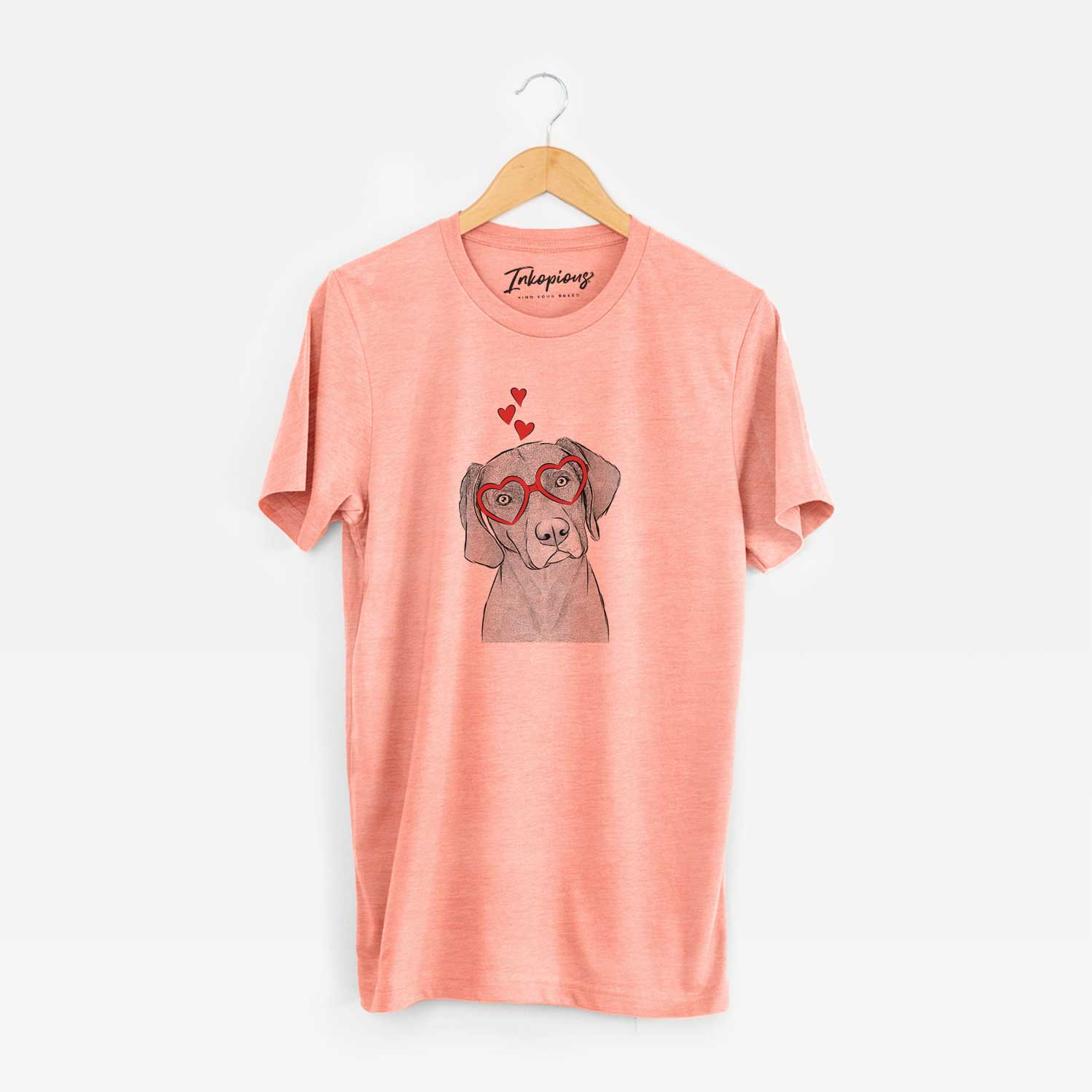Hand-drawn sketch of Willow the Weizsla wearing heart-shaped glasses on a Sunset Unisex crewneck