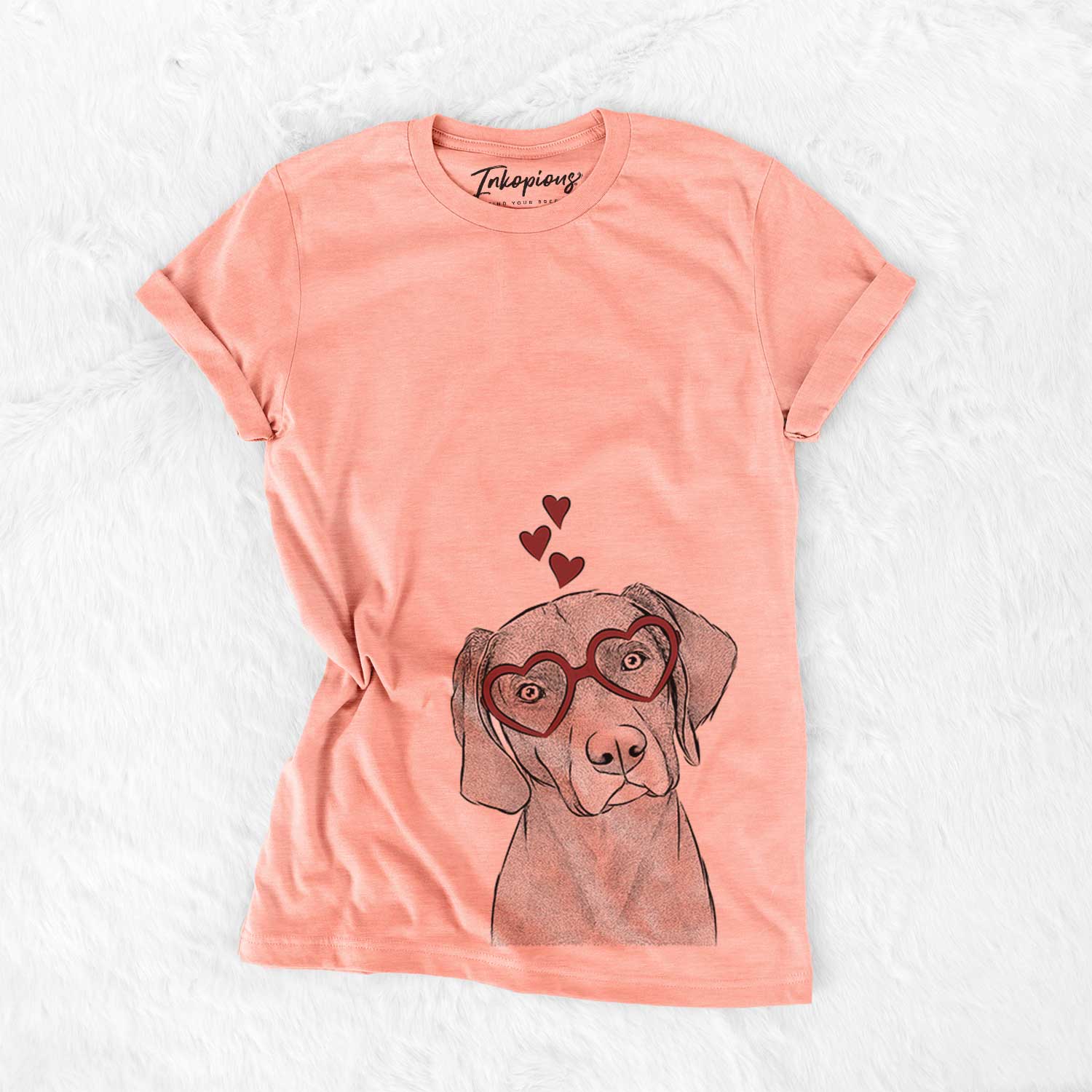 Hand-drawn sketch of Willow the Weizsla wearing heart-shaped glasses on a Sunset Bella Canvas Unisex Crewneck