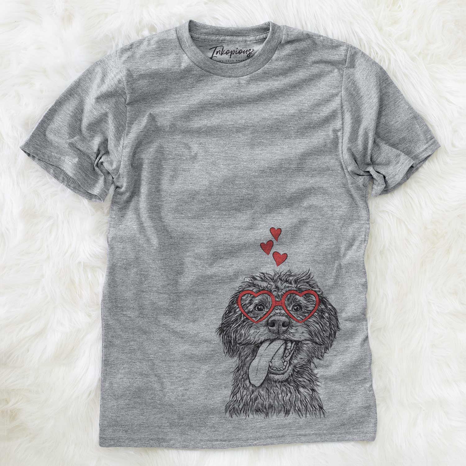 Hand-drawn sketch of Winnie the Mini Aussiedoodle wearing heart-shaped glasses on a Grey Unisex crewneck