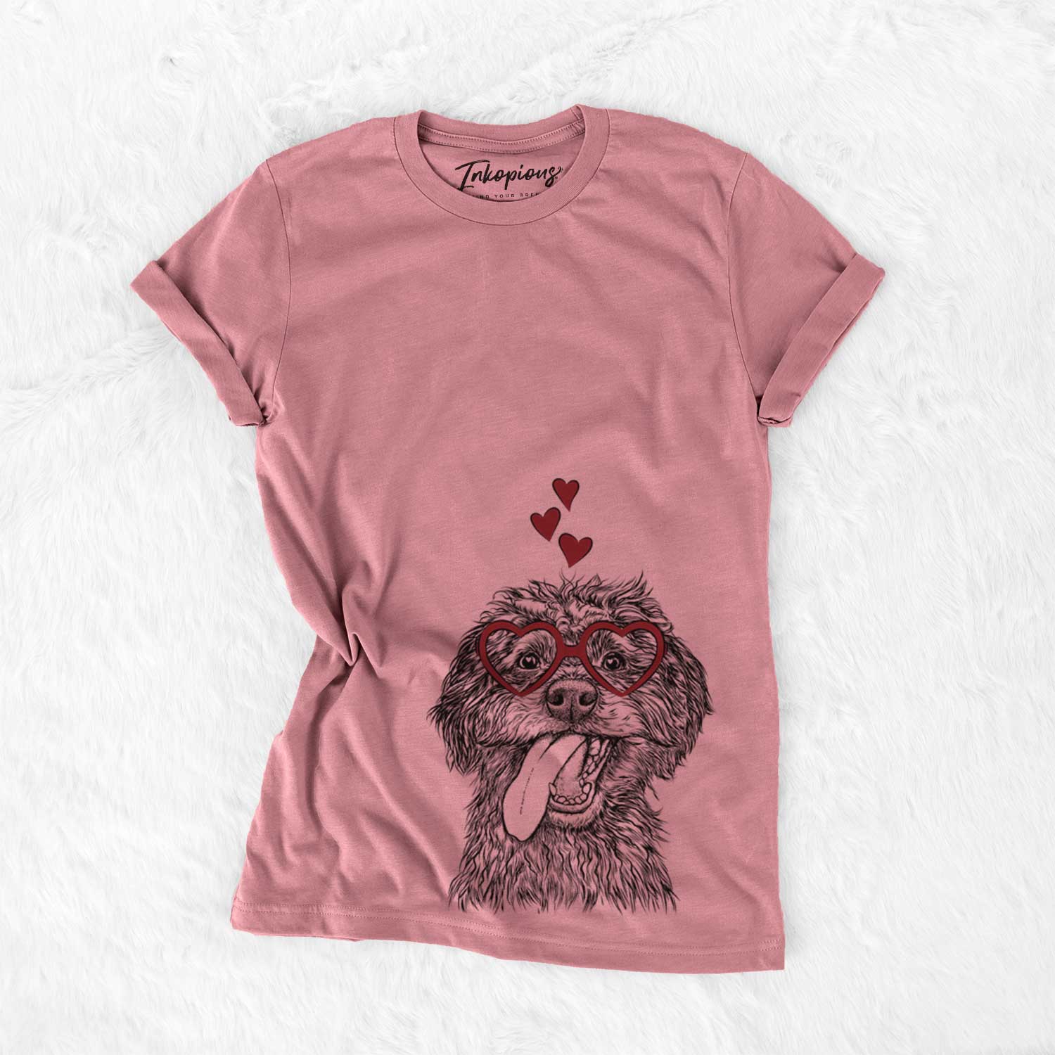 Hand-drawn sketch of Winnie the Mini Aussiedoodle wearing heart-shaped glasses on a Mauve Bella Canvas Unisex Crewneck