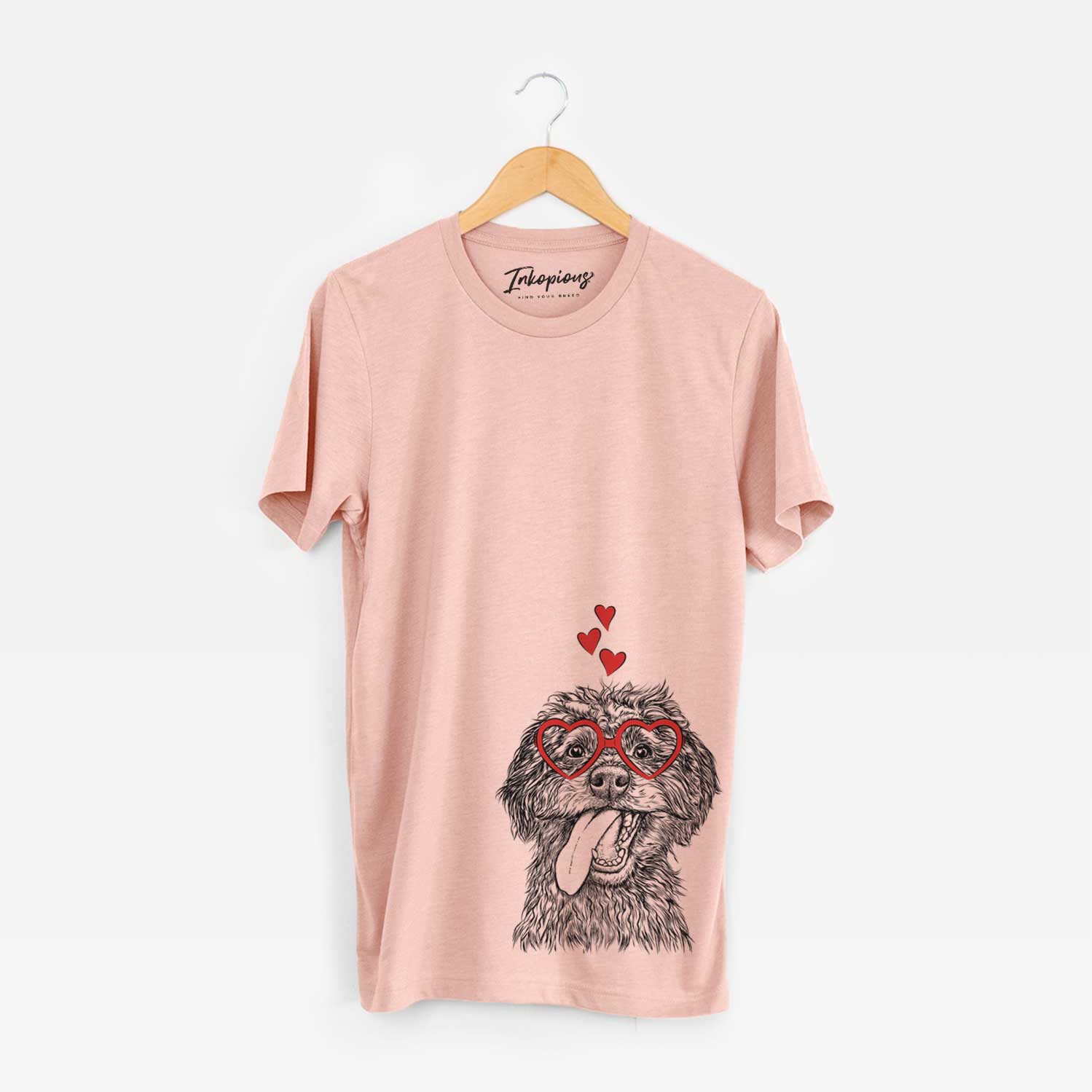 Hand-drawn sketch of Winnie the Mini Aussiedoodle wearing heart-shaped glasses on a Peach Unisex crewneck