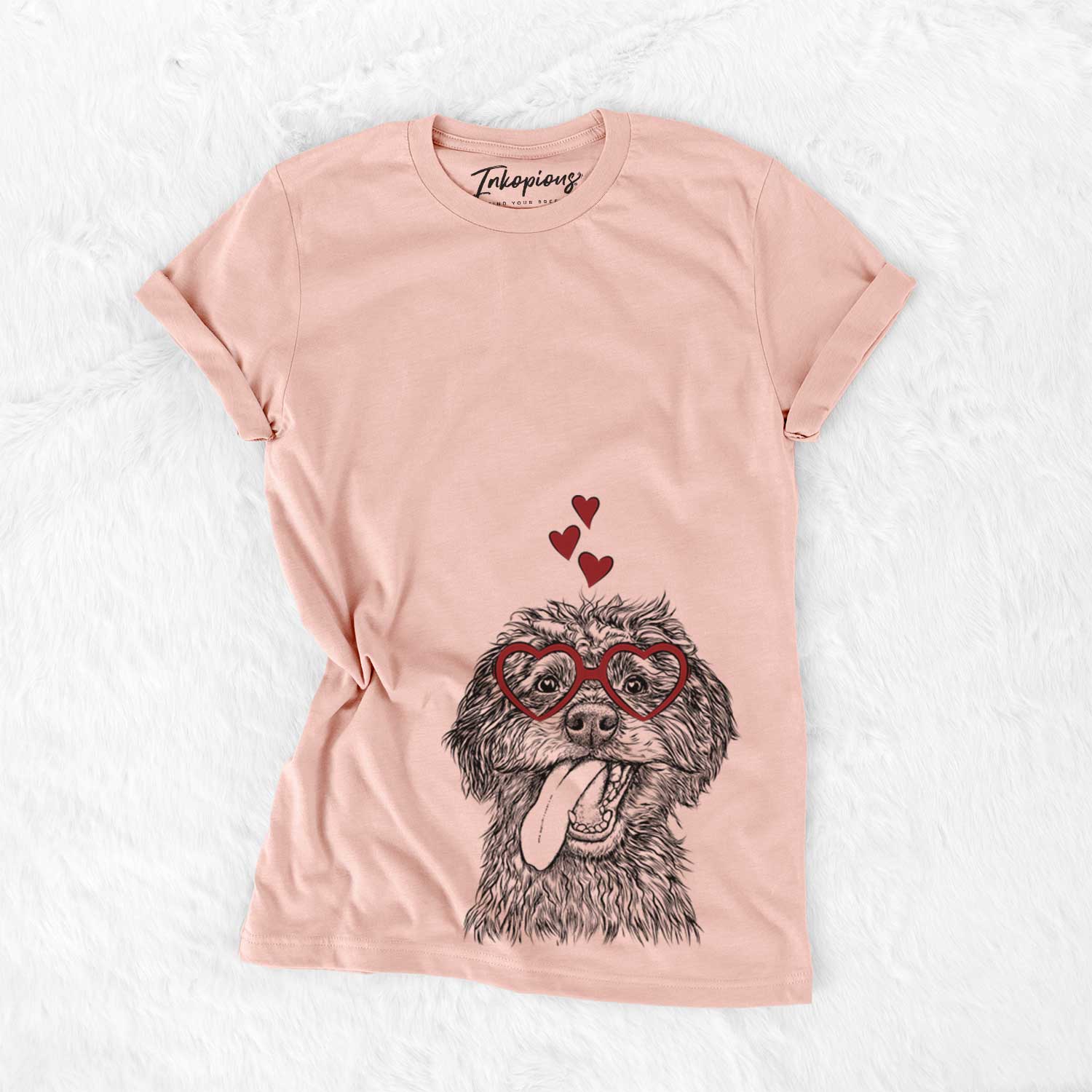 Hand-drawn sketch of Winnie the Mini Aussiedoodle wearing heart-shaped glasses on a Peach Bella Canvas Unisex Crewneck