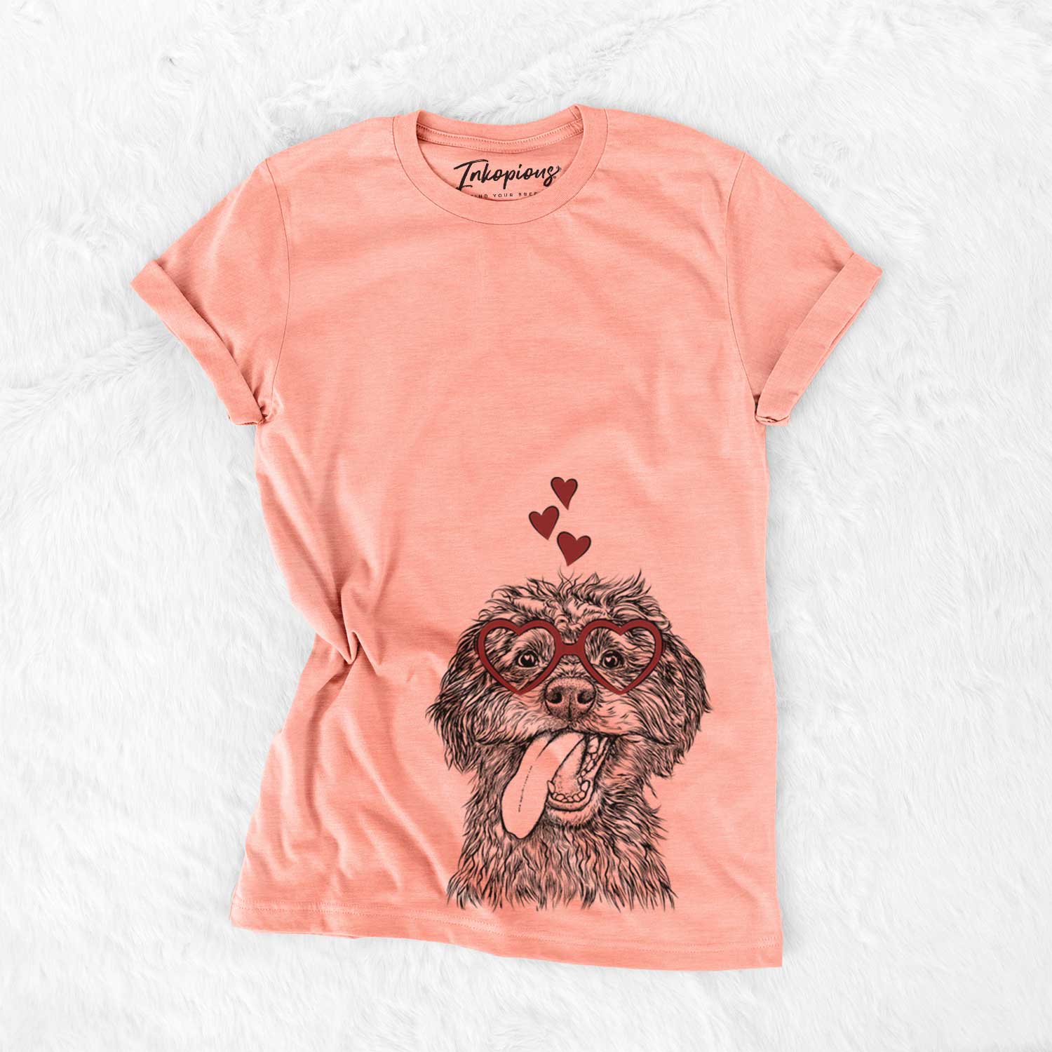 Hand-drawn sketch of Winnie the Mini Aussiedoodle wearing heart-shaped glasses on a Sunset Bella Canvas Unisex Crewneck