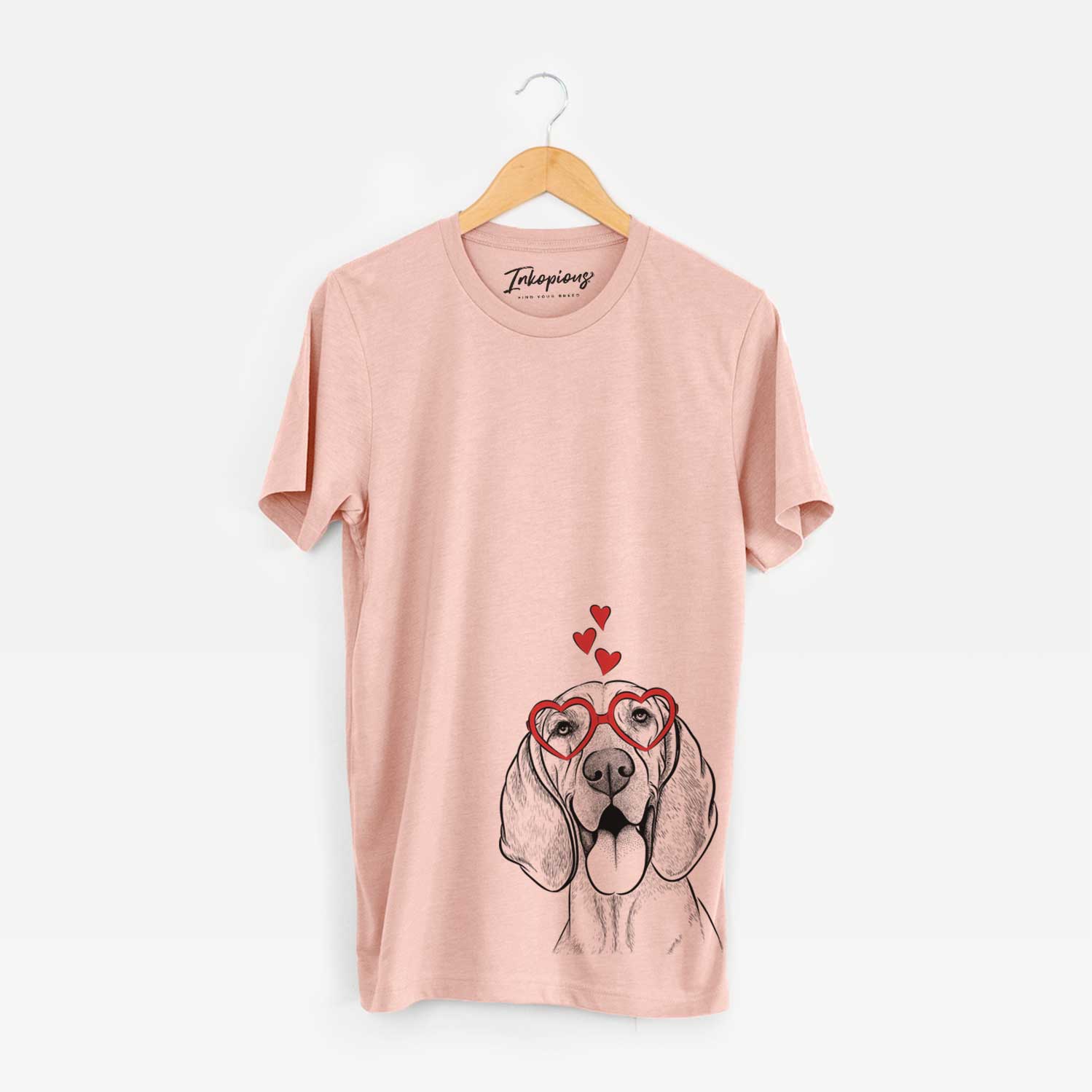 Hand-drawn sketch of Winston the Redbone Coonhound wearing heart-shaped glasses on a Peach Unisex crewneck