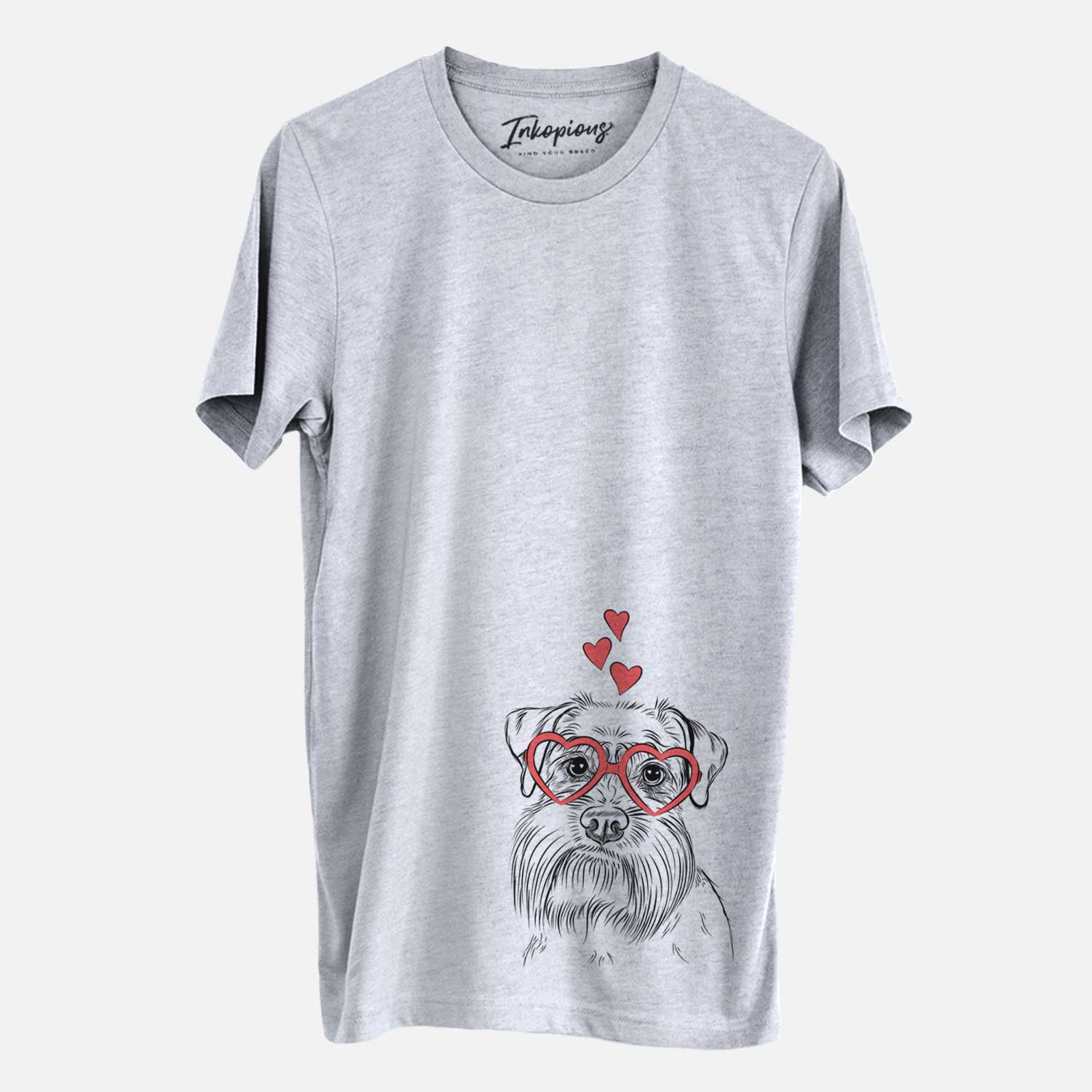 Hand-drawn sketch of Wrigley the Schnauzer wearing heart-shaped glasses on a Grey Unisex crewneck