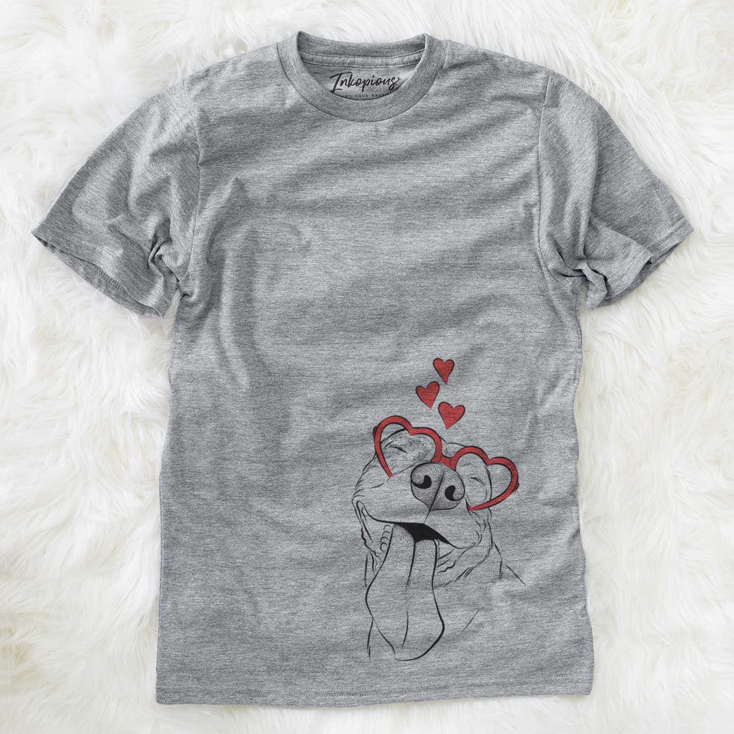 Hand-drawn sketch of Xena the American Staffordshire Terrier wearing heart-shaped glasses on a Grey Unisex crewneck