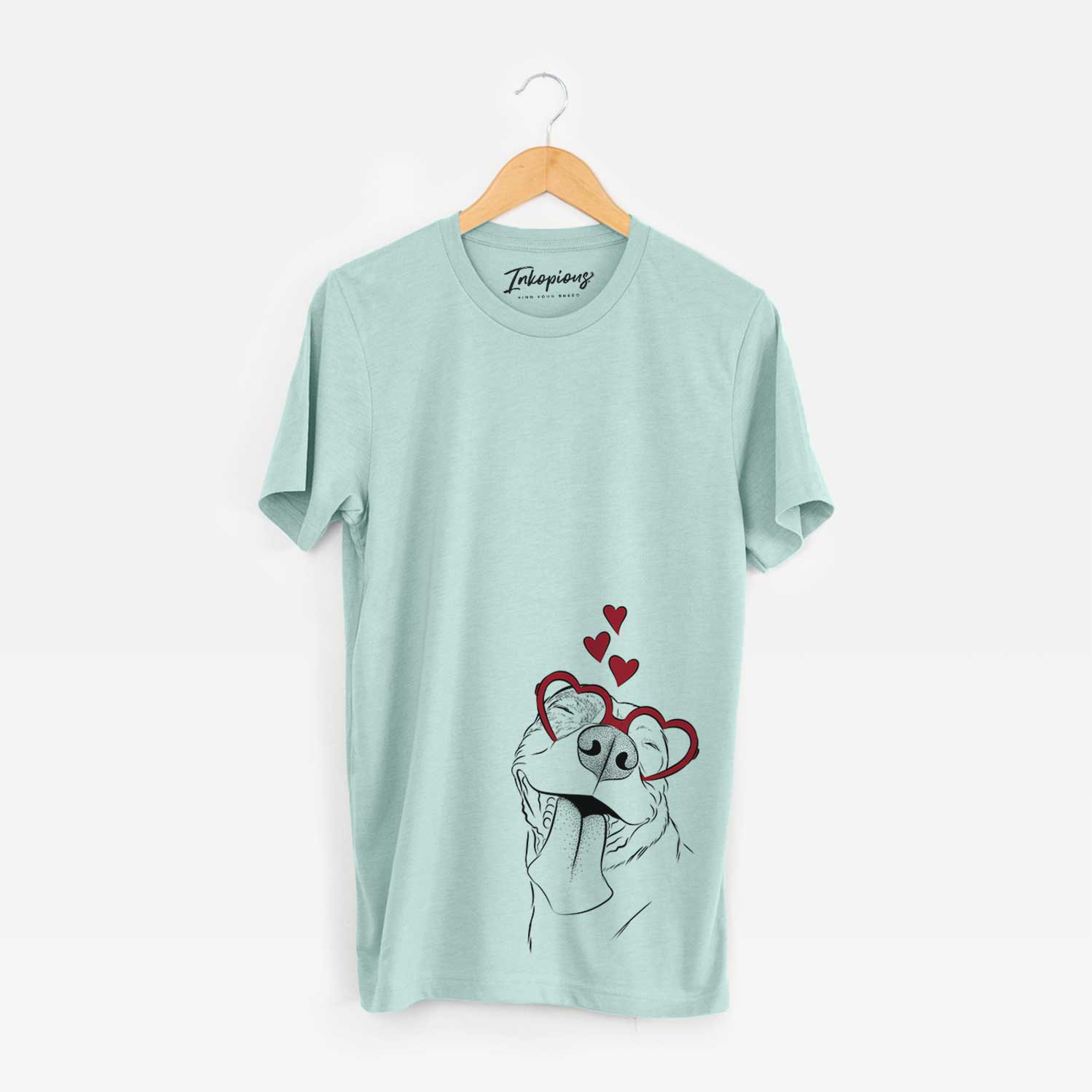 Hand-drawn sketch of Xena the American Staffordshire Terrier wearing heart-shaped glasses on a Heather Sage Bella Canvas Unisex Crewneck