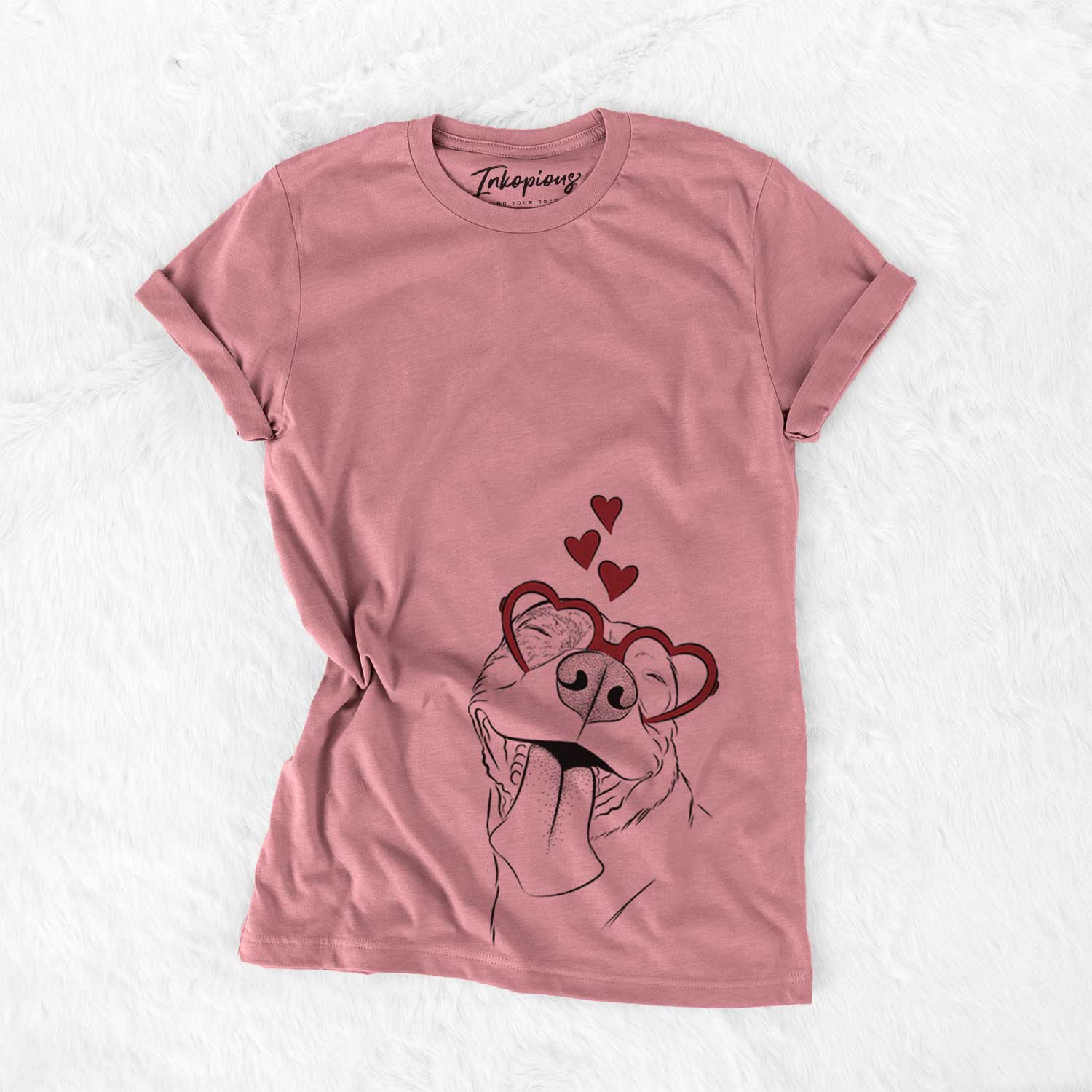 Hand-drawn sketch of Xena the American Staffordshire Terrier wearing heart-shaped glasses on a Mauve Bella Canvas Unisex Crewneck