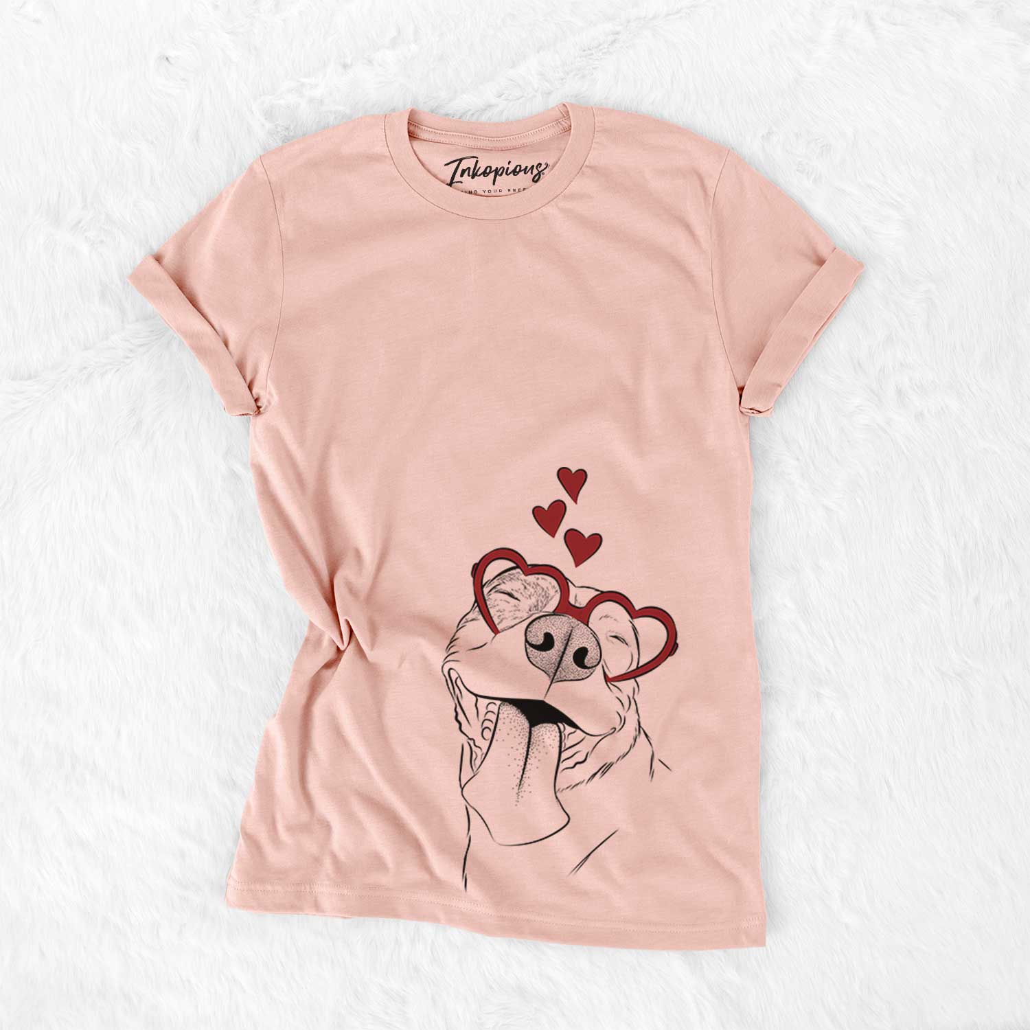 Hand-drawn sketch of Xena the American Staffordshire Terrier wearing heart-shaped glasses on a Peach Bella Canvas Unisex Crewneck