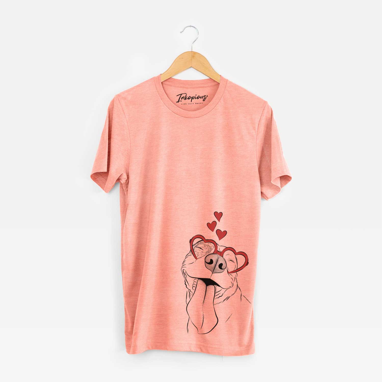 Hand-drawn sketch of Xena the American Staffordshire Terrier wearing heart-shaped glasses on a Sunset Unisex crewneck