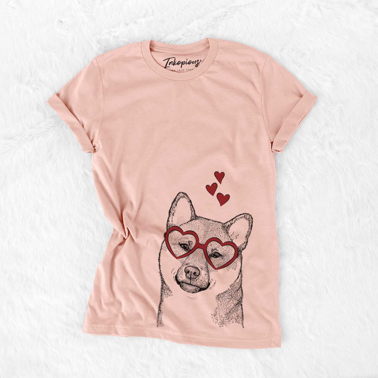 Hand-drawn sketch of Yakuza the Shiba Inu wearing heart-shaped glasses on a Peach Bella Canvas Unisex Crewneck