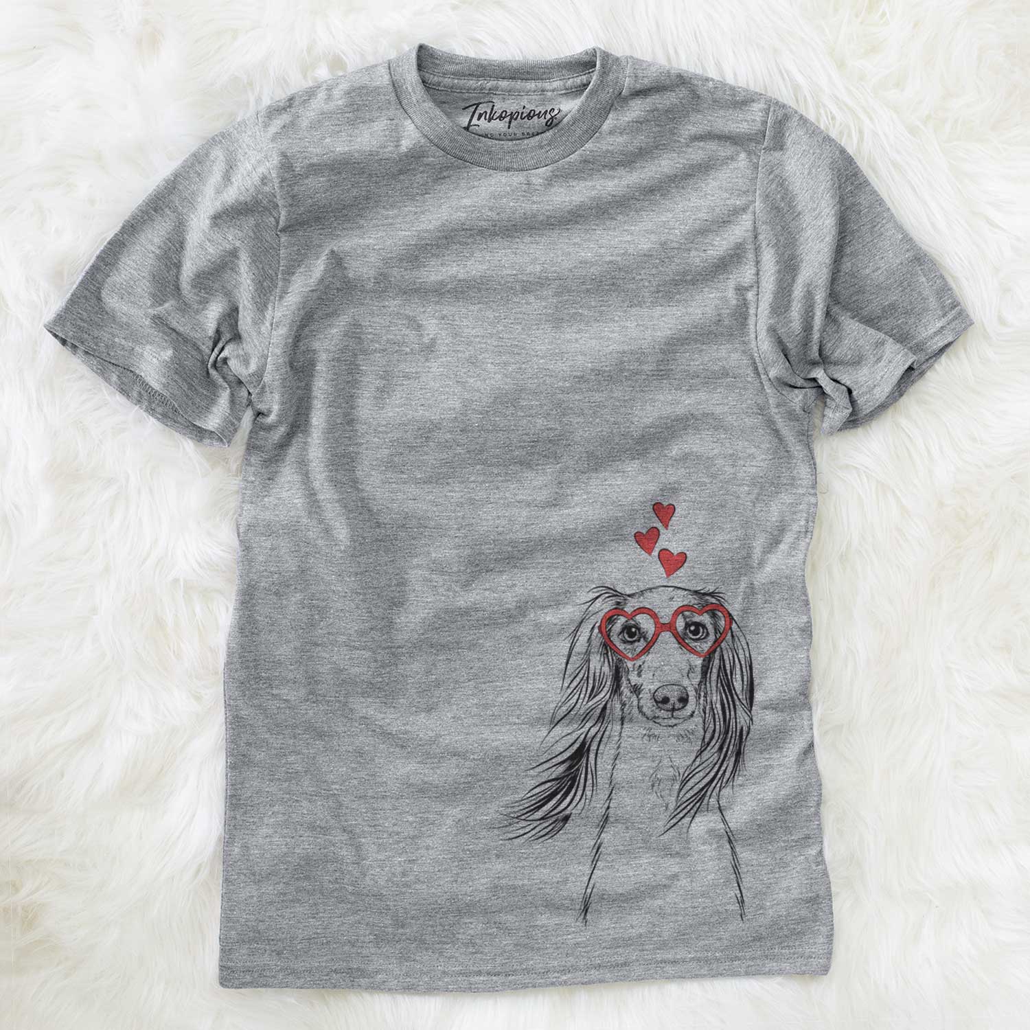 Hand-drawn sketch of Zahra the Saluki wearing heart-shaped glasses on a Grey Unisex crewneck
