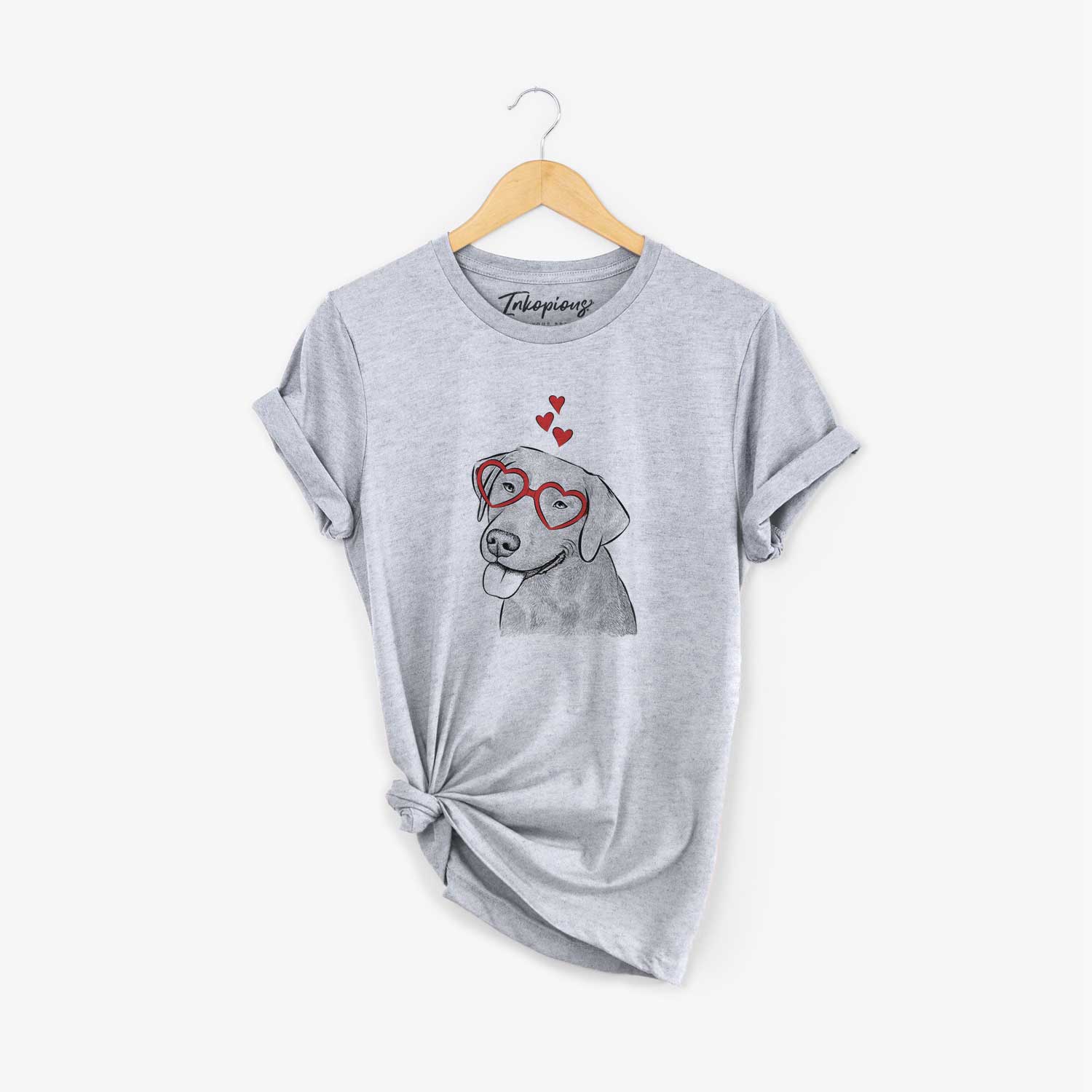 Hand-drawn sketch of Zeppelin the Black Labrador wearing heart-shaped glasses on a Grey Unisex crewneck