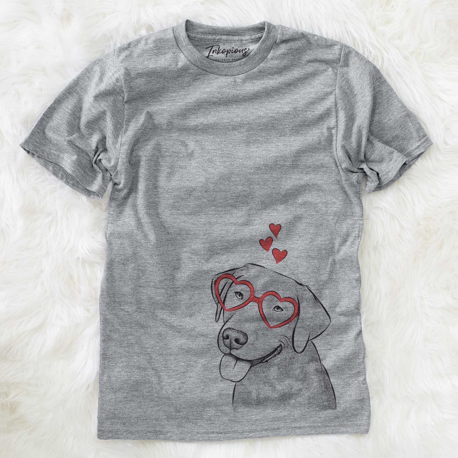 Hand-drawn sketch of Zeppelin the Black Labrador wearing heart-shaped glasses on a Grey Unisex crewneck