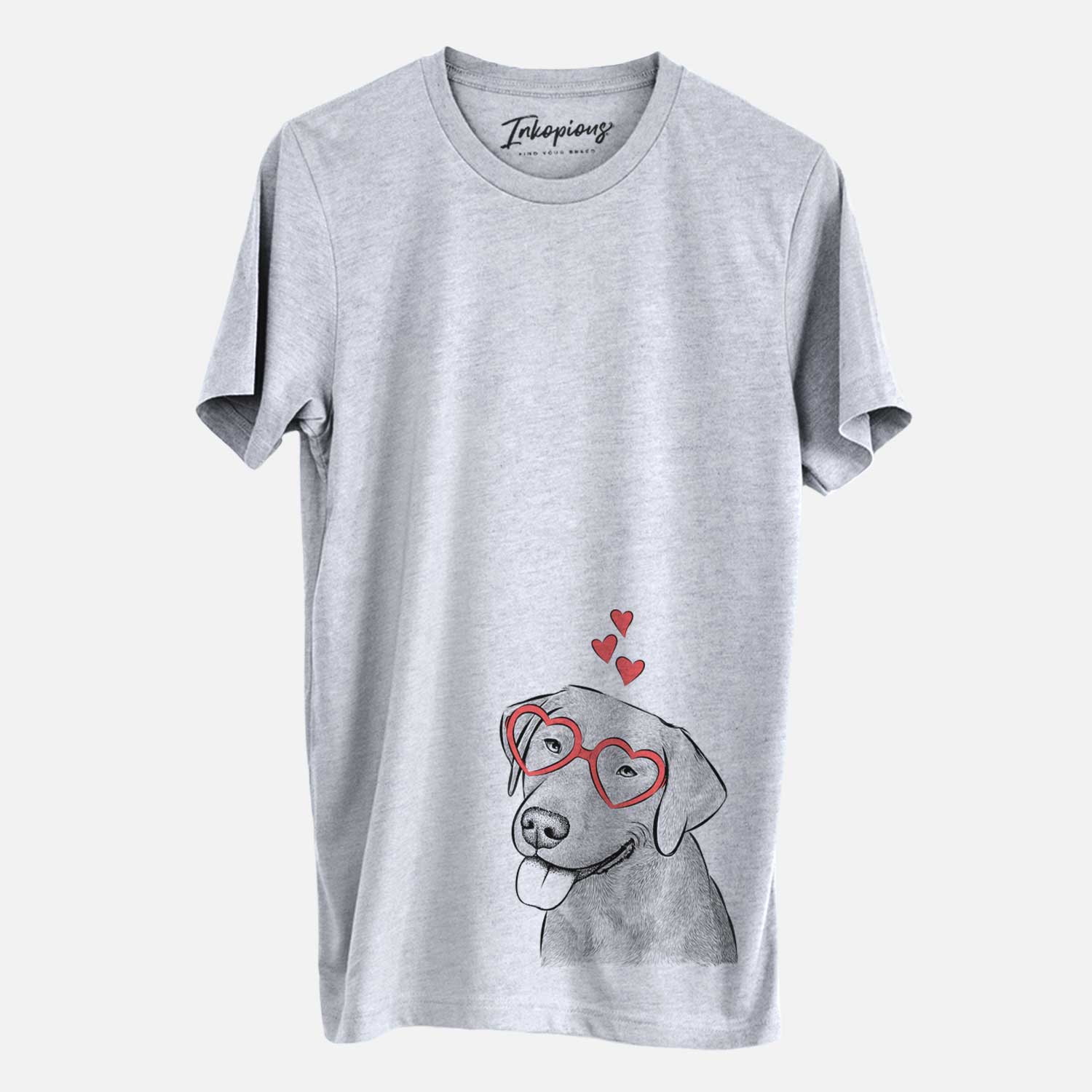 Hand-drawn sketch of Zeppelin the Black Labrador wearing heart-shaped glasses on a Grey Unisex crewneck
