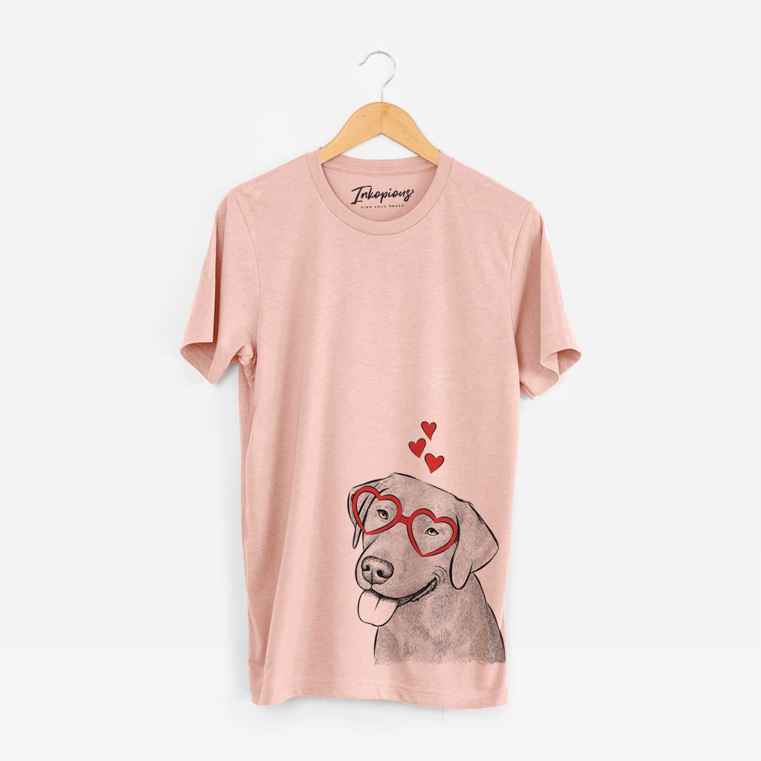 Hand-drawn sketch of Zeppelin the Black Labrador wearing heart-shaped glasses on a Peach Unisex crewneck