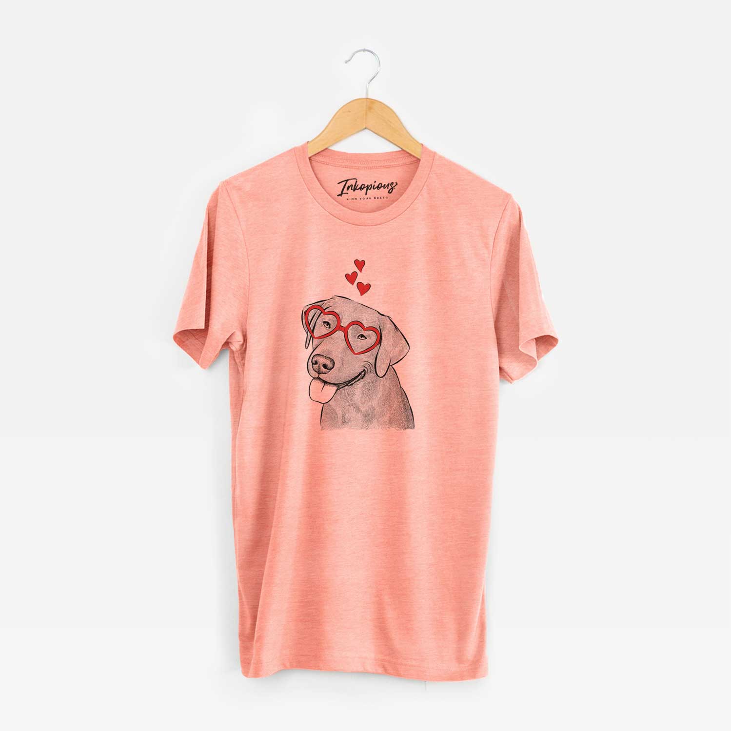 Hand-drawn sketch of Zeppelin the Black Labrador wearing heart-shaped glasses on a Sunset Unisex crewneck