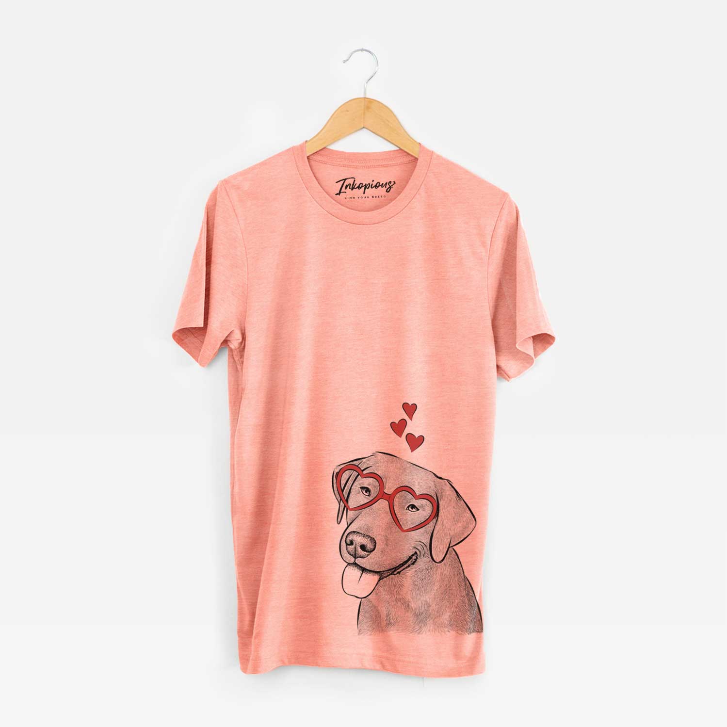 Hand-drawn sketch of Zeppelin the Black Labrador wearing heart-shaped glasses on a Sunset Unisex crewneck