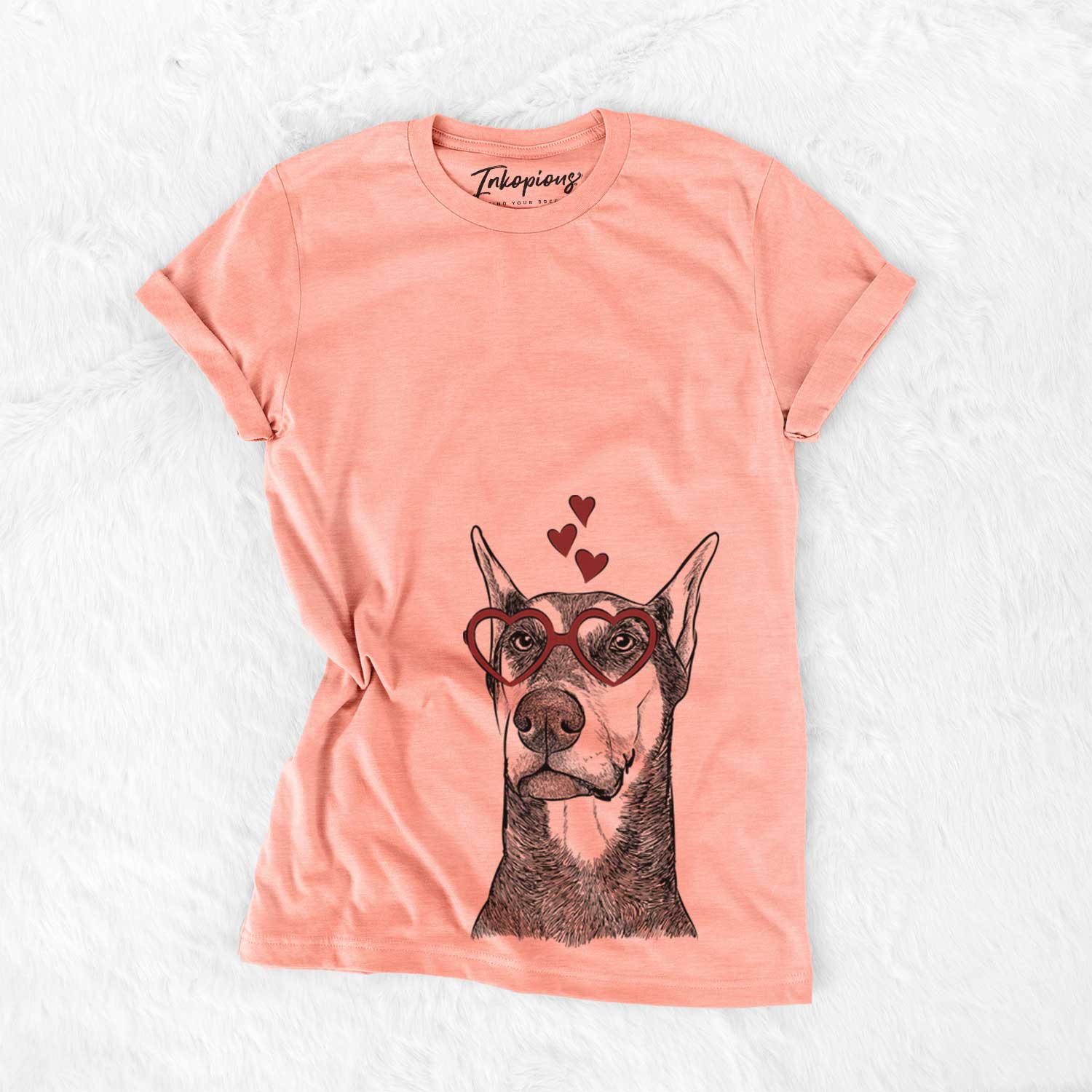 Hand-drawn sketch of Zeus the Doberman Pinscher wearing heart-shaped glasses on a Sunset Bella Canvas Unisex Crewneck