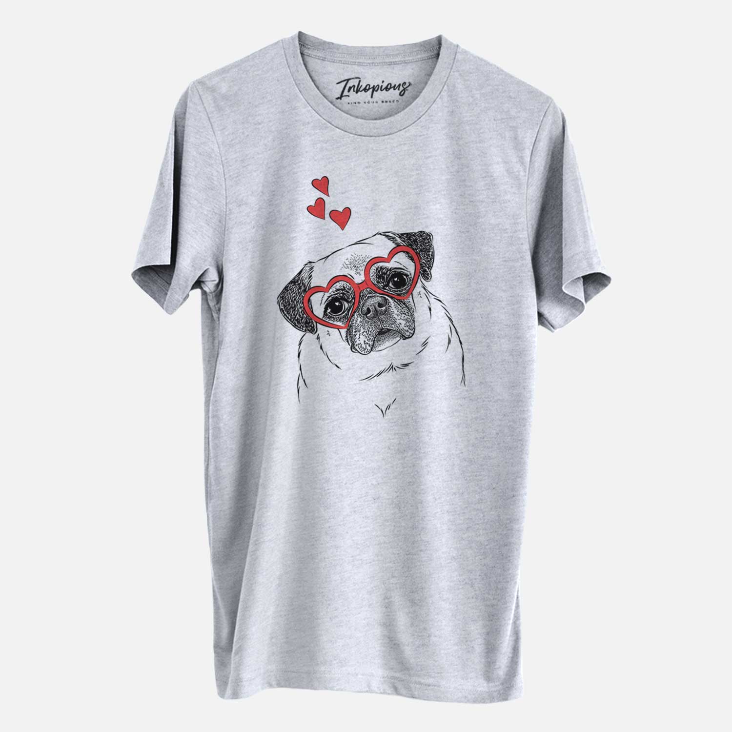 Hand-drawn sketch of Zoey the Pug wearing heart-shaped glasses on a Grey Unisex crewneck