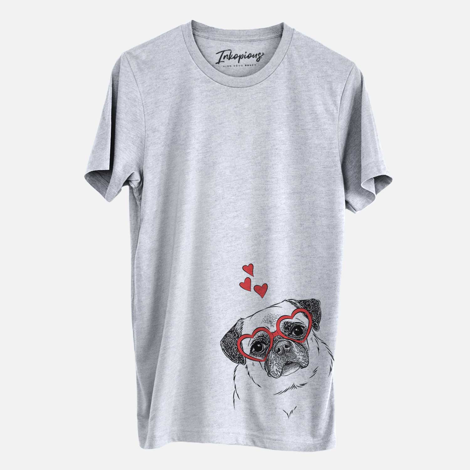 Hand-drawn sketch of Zoey the Pug wearing heart-shaped glasses on a Grey Unisex crewneck