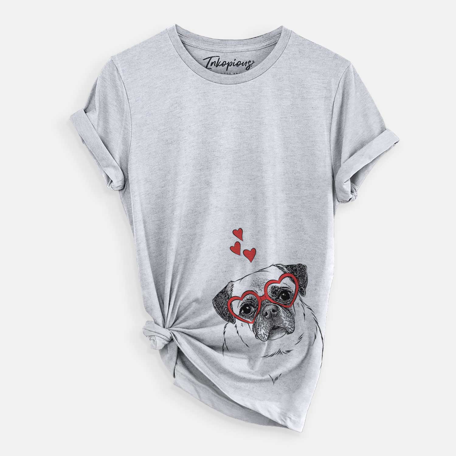 Hand-drawn sketch of Zoey the Pug wearing heart-shaped glasses on a Grey Unisex crewneck