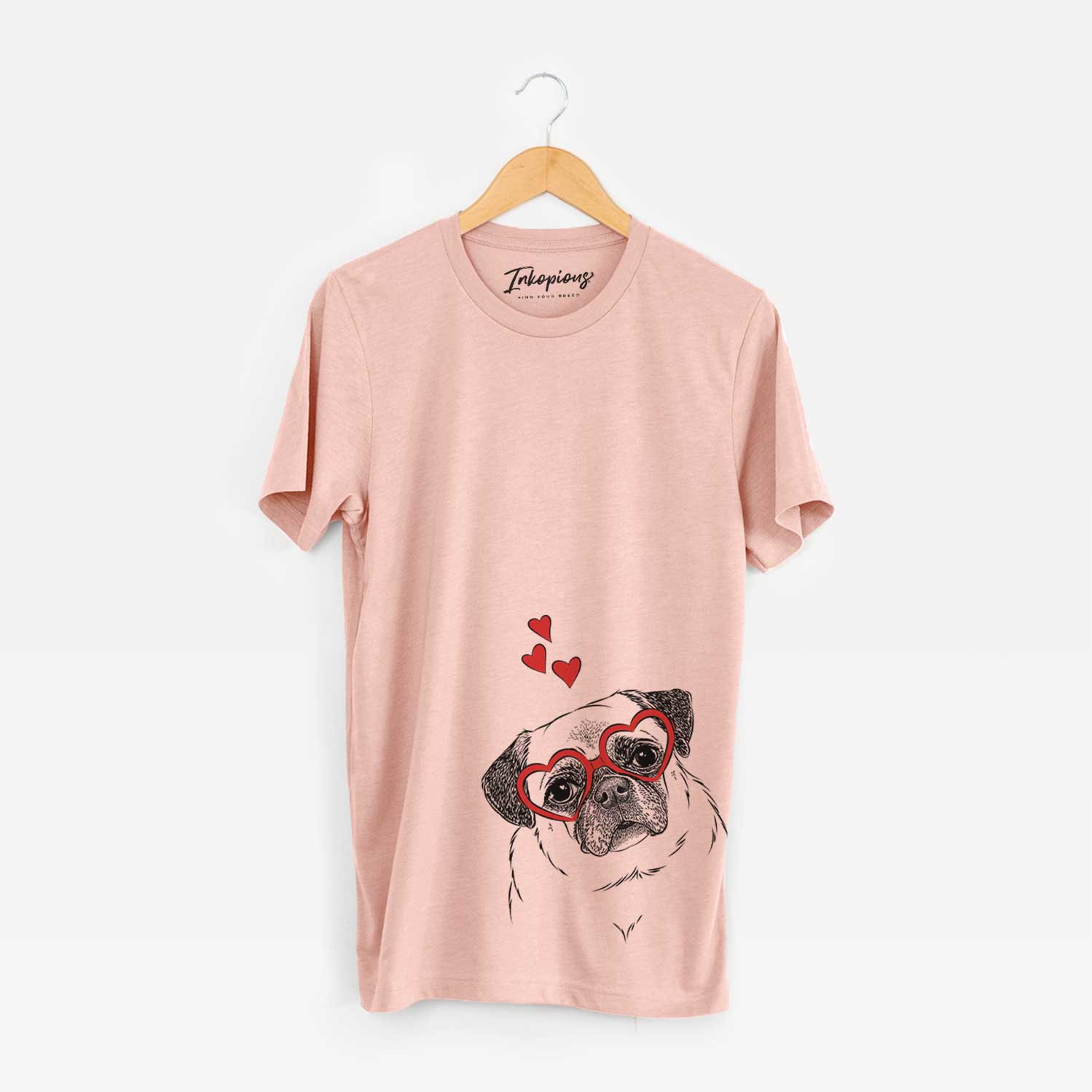 Hand-drawn sketch of Zoey the Pug wearing heart-shaped glasses on a Peach Unisex crewneck