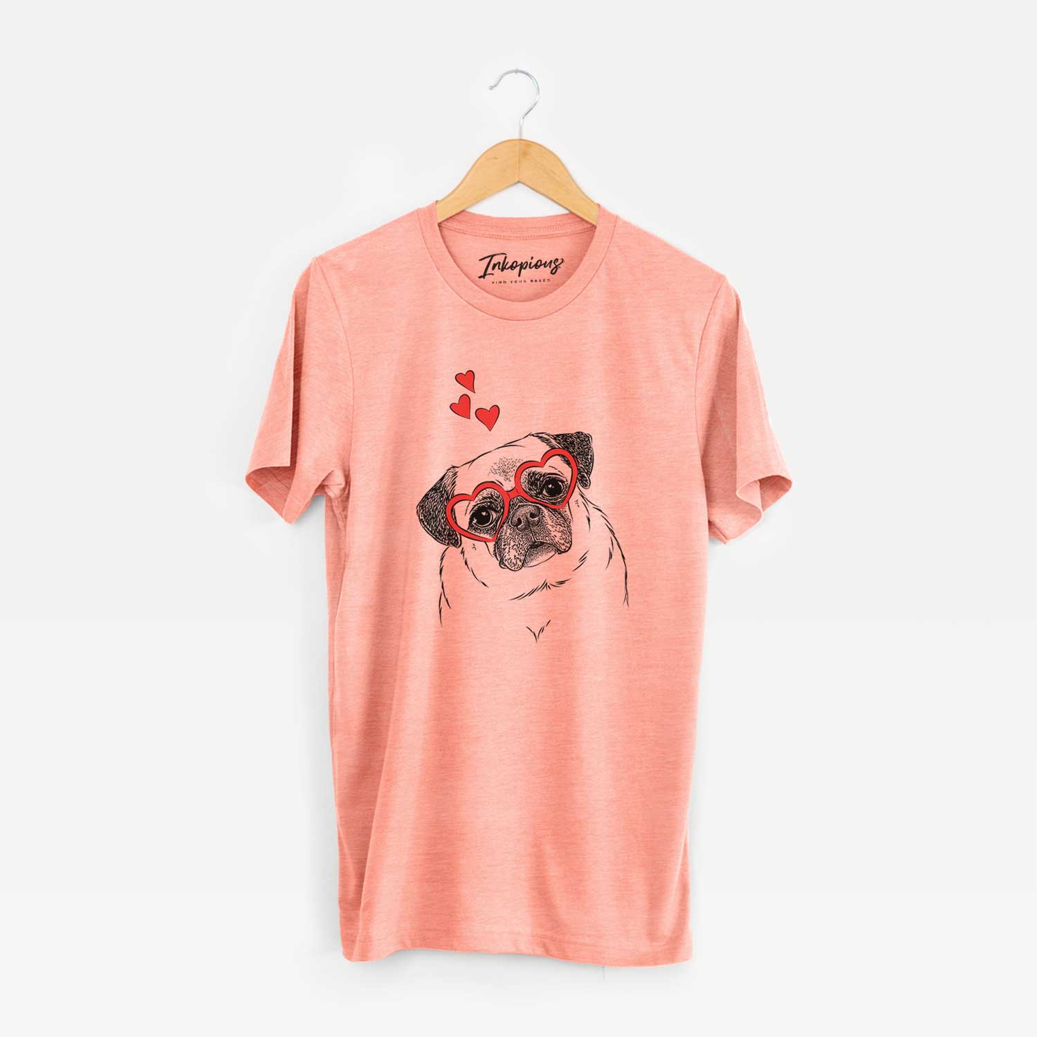 Hand-drawn sketch of Zoey the Pug wearing heart-shaped glasses on a Sunset Unisex crewneck