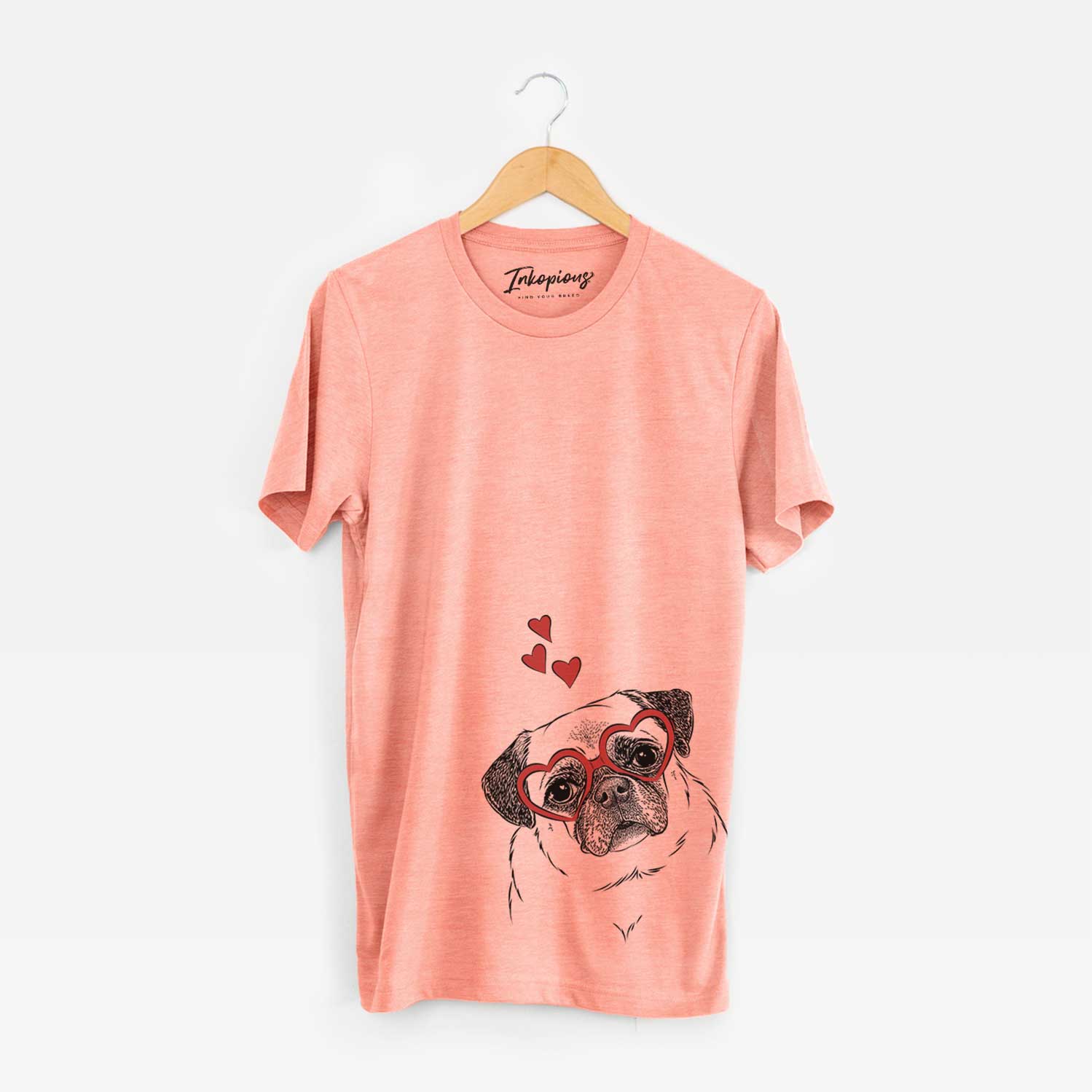 Hand-drawn sketch of Zoey the Pug wearing heart-shaped glasses on a Sunset Unisex crewneck