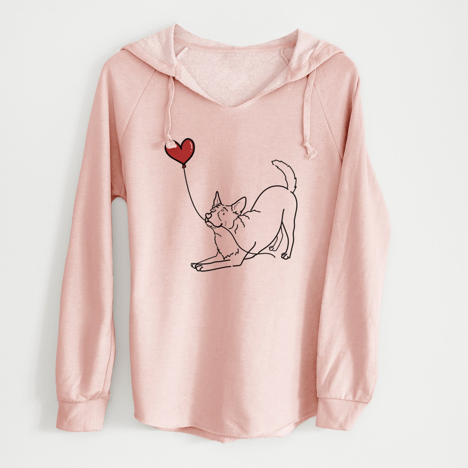 Minimalist line drawing of an Australian Cattle Dog Heart String holding a heart balloon on a Blush Cali Wave Hooded Sweatshirt
