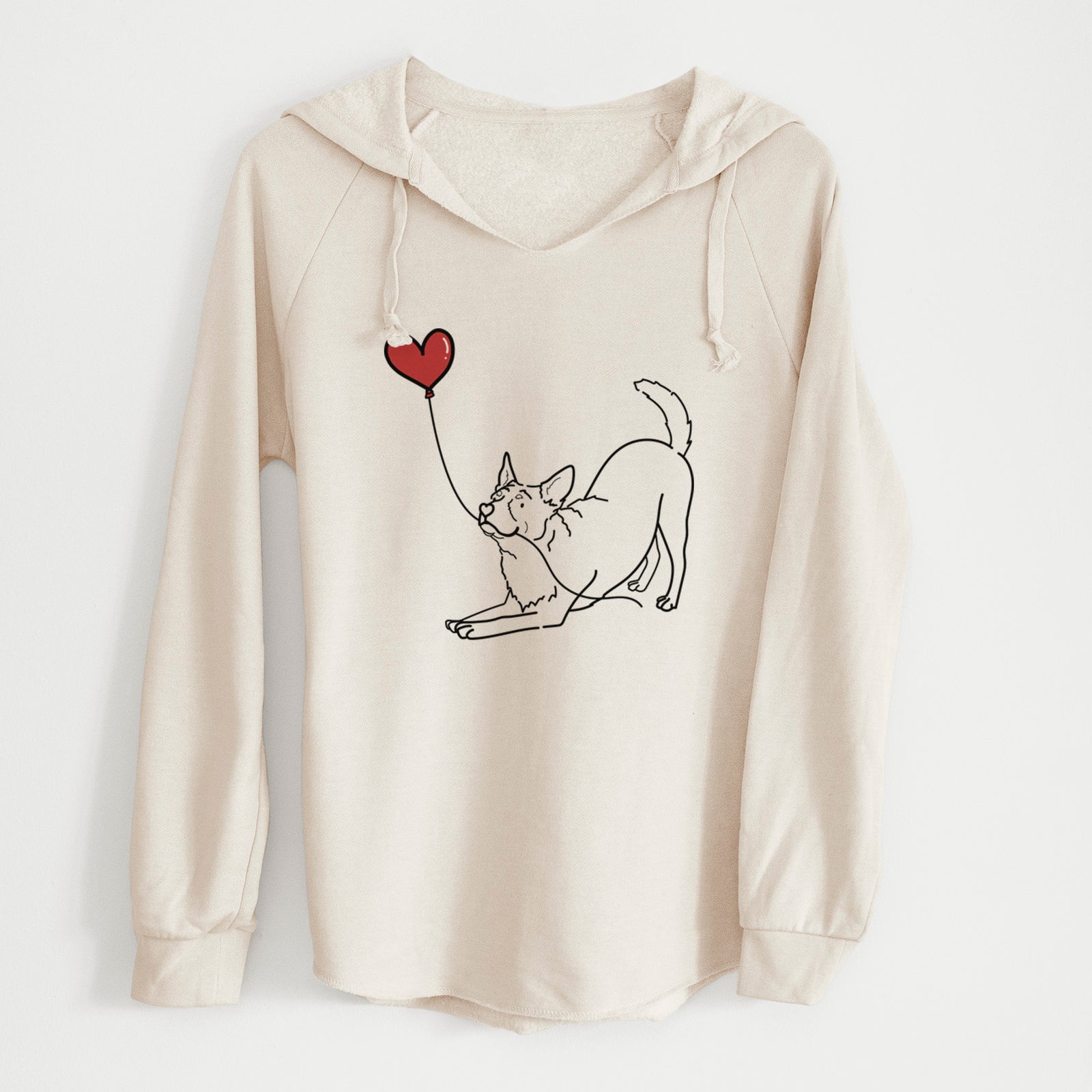 Minimalist line drawing of an Australian Cattle Dog Heart String holding a heart balloon on a Bone Cali Wave Hooded Sweatshirt