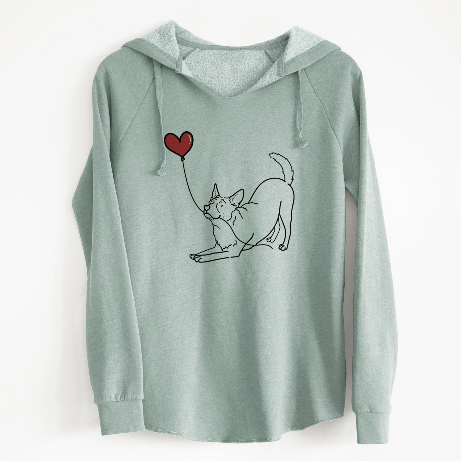 Minimalist line drawing of an Australian Cattle Dog Heart String holding a heart balloon on a Sage Cali Wave Hooded Sweatshirt