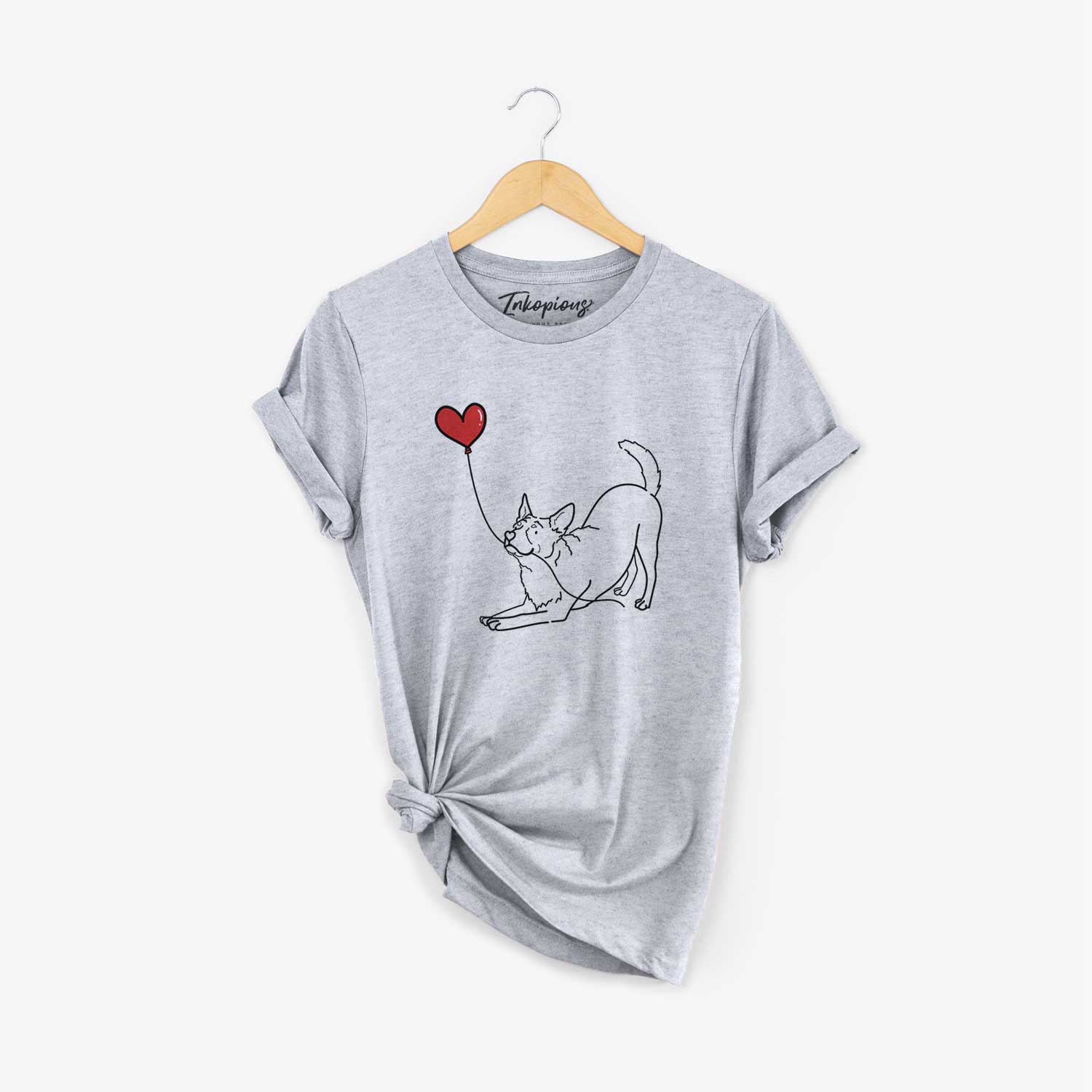 Minimalist line drawing of an Australian Cattle Dog Heart String holding a heart balloon on a Grey Unisex crewneck