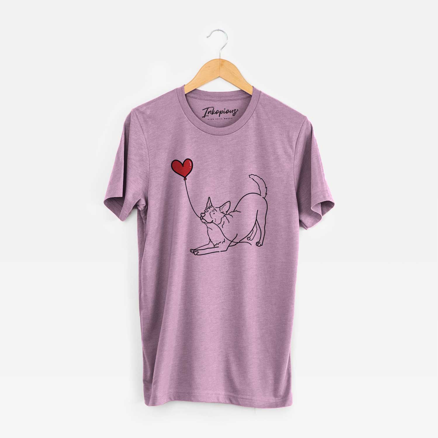 Minimalist line drawing of an Australian Cattle Dog Heart String holding a heart balloon on an Orchid Unisex crewneck