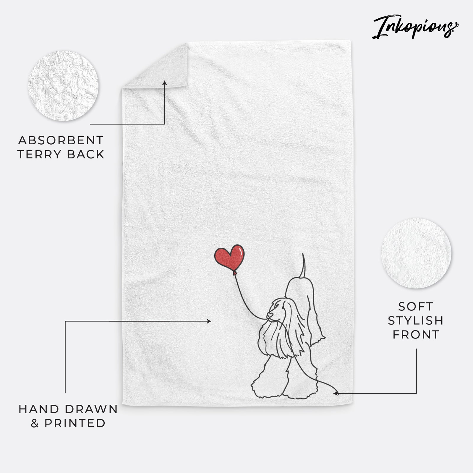 Minimalist line drawing of an Afghan Hound Heart String holding a heart balloon on a decorative hand towel