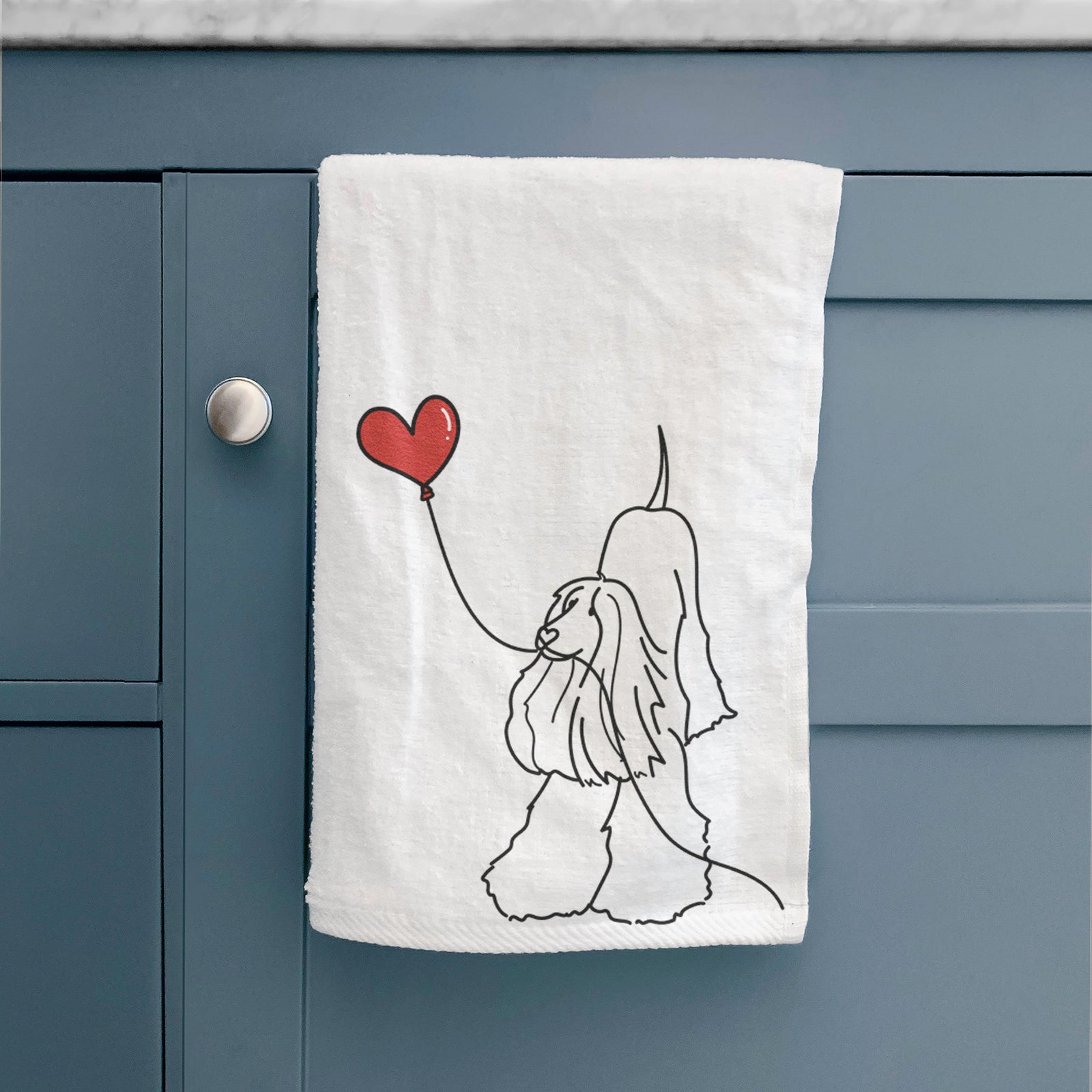 Minimalist line drawing of an Afghan Hound Heart String holding a heart balloon on a decorative hand towel