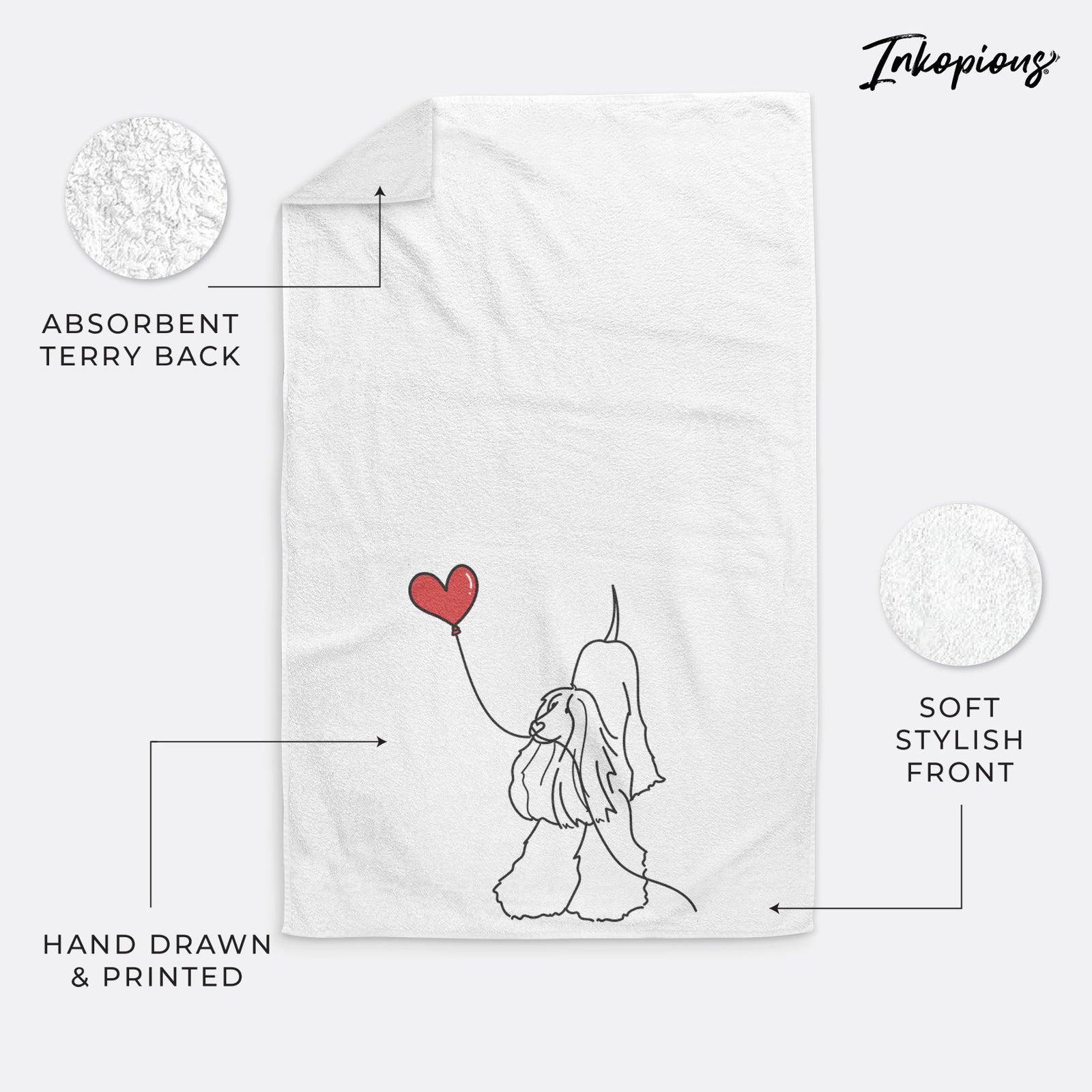 Minimalist line drawing of an Afghan Hound Heart String holding a heart balloon on a decorative hand towel