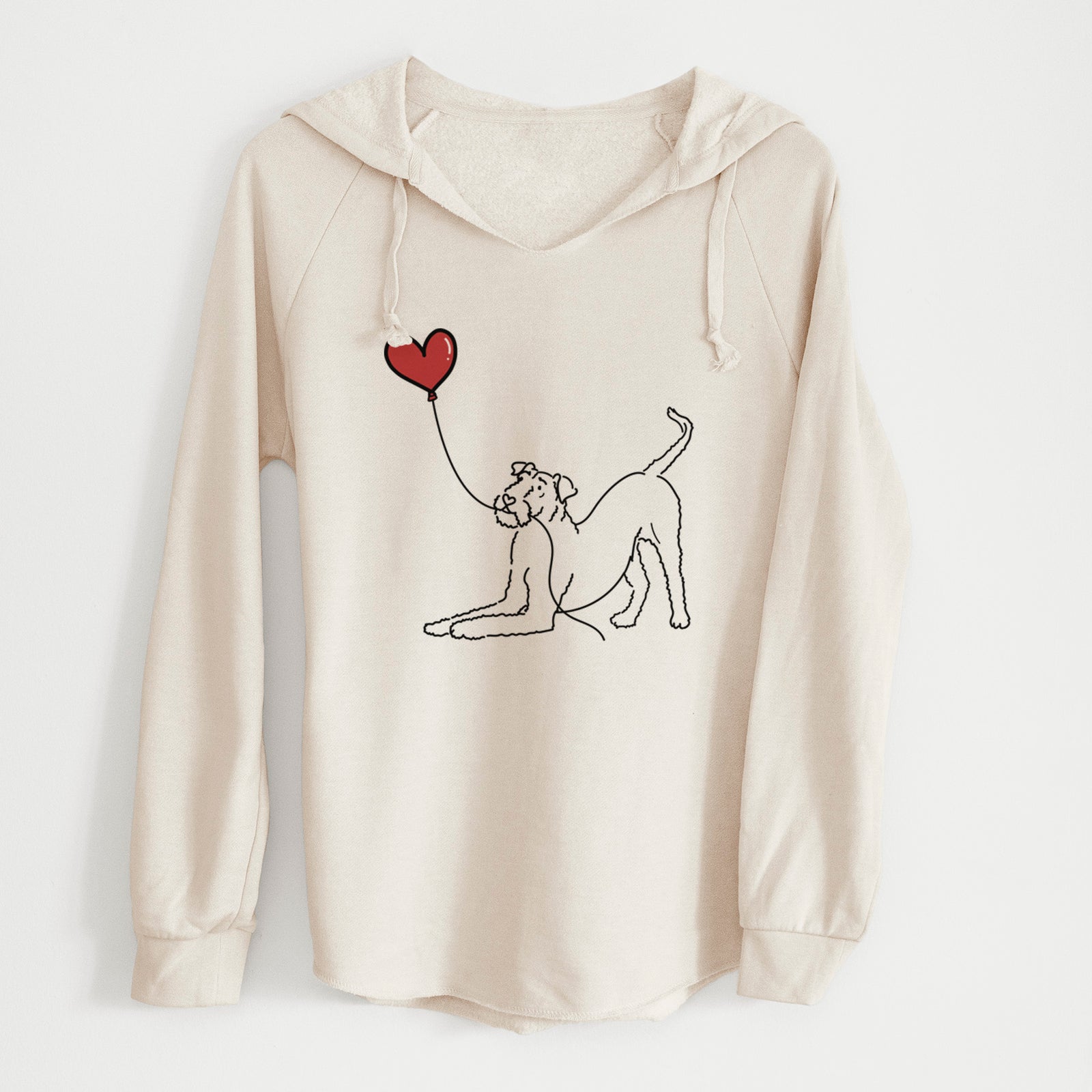 Minimalist line drawing of an Airedale Terrier Heart String holding a heart balloon on a Bone Cali Wave Hooded Sweatshirt