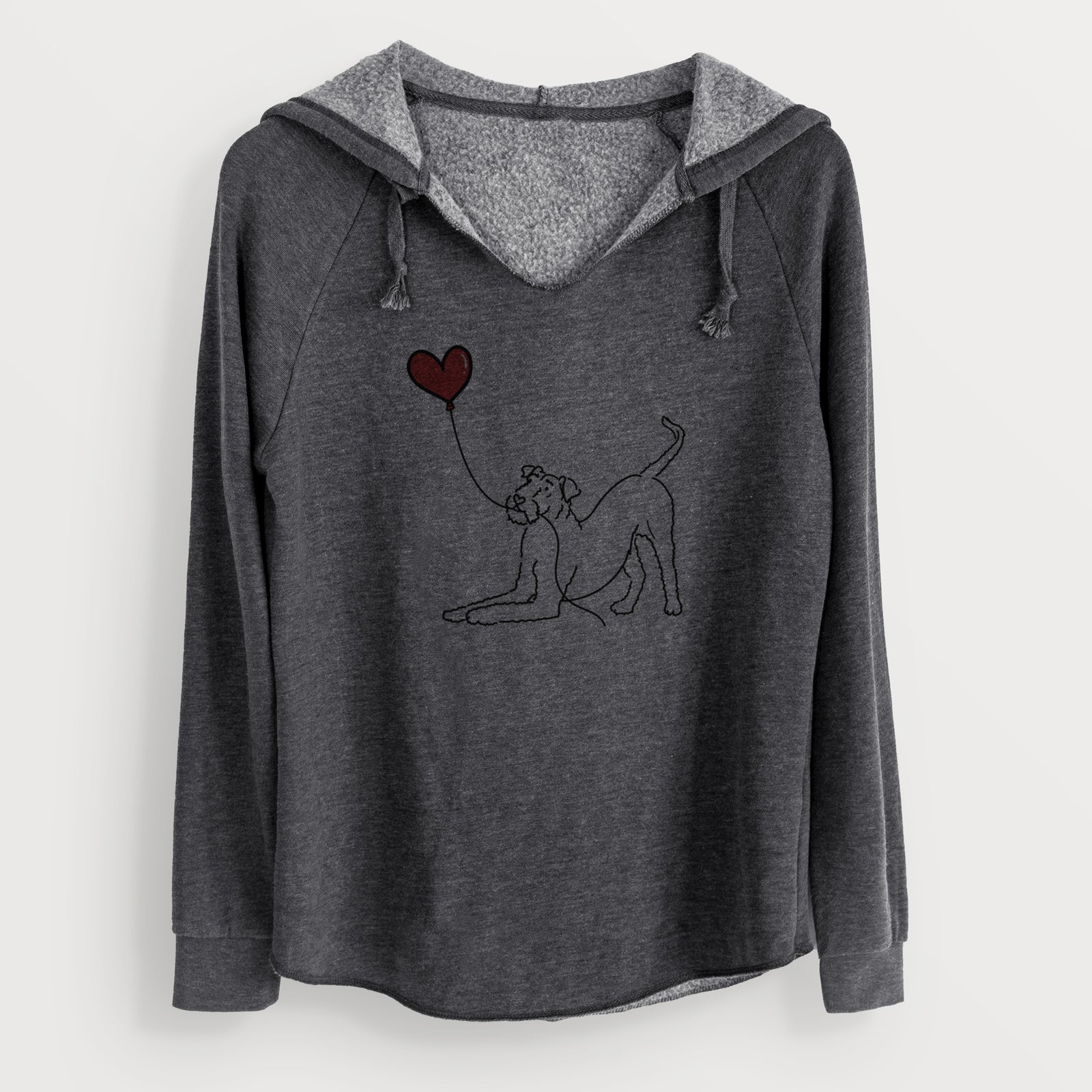 Minimalist line drawing of an Airedale Terrier Heart String holding a heart balloon on a Charcoal Cali Wave Hooded Sweatshirt