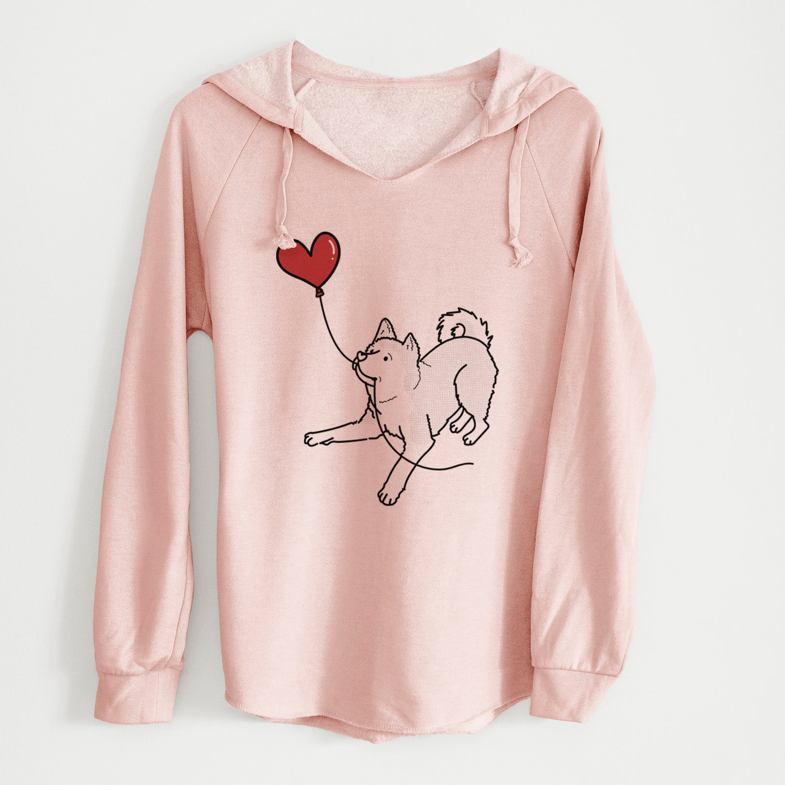 Minimalist line drawing of an Akita Heart String holding a heart balloon on a Blush Cali Wave Hooded Sweatshirt