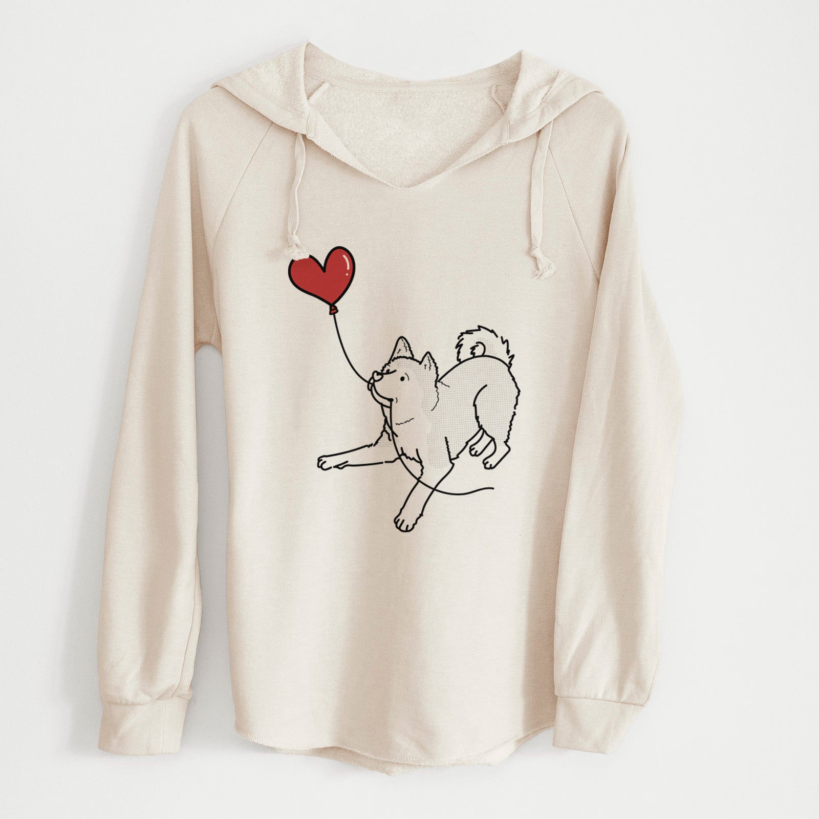 Minimalist line drawing of an Akita Heart String holding a heart balloon on a Bone Cali Wave Hooded Sweatshirt