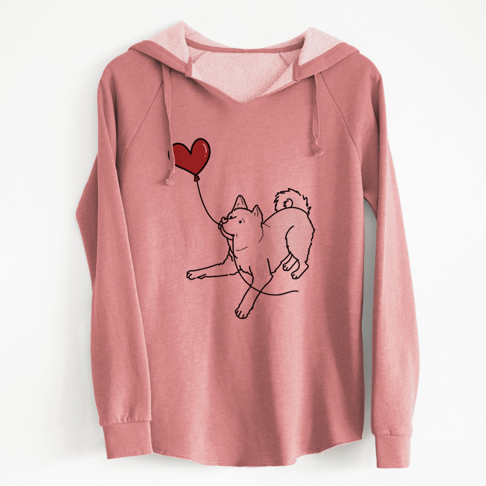 Minimalist line drawing of an Akita Heart String holding a heart balloon on a Dusty Rose Cali Wave Hooded Sweatshirt
