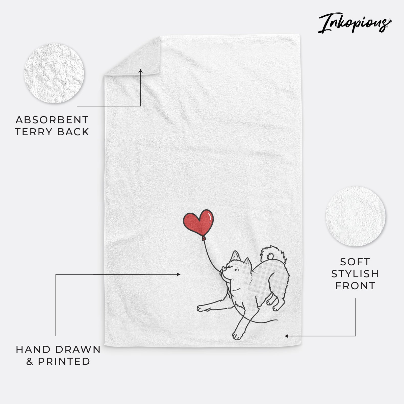Minimalist line drawing of an Akita Heart String holding a heart balloon on a decorative hand towel
