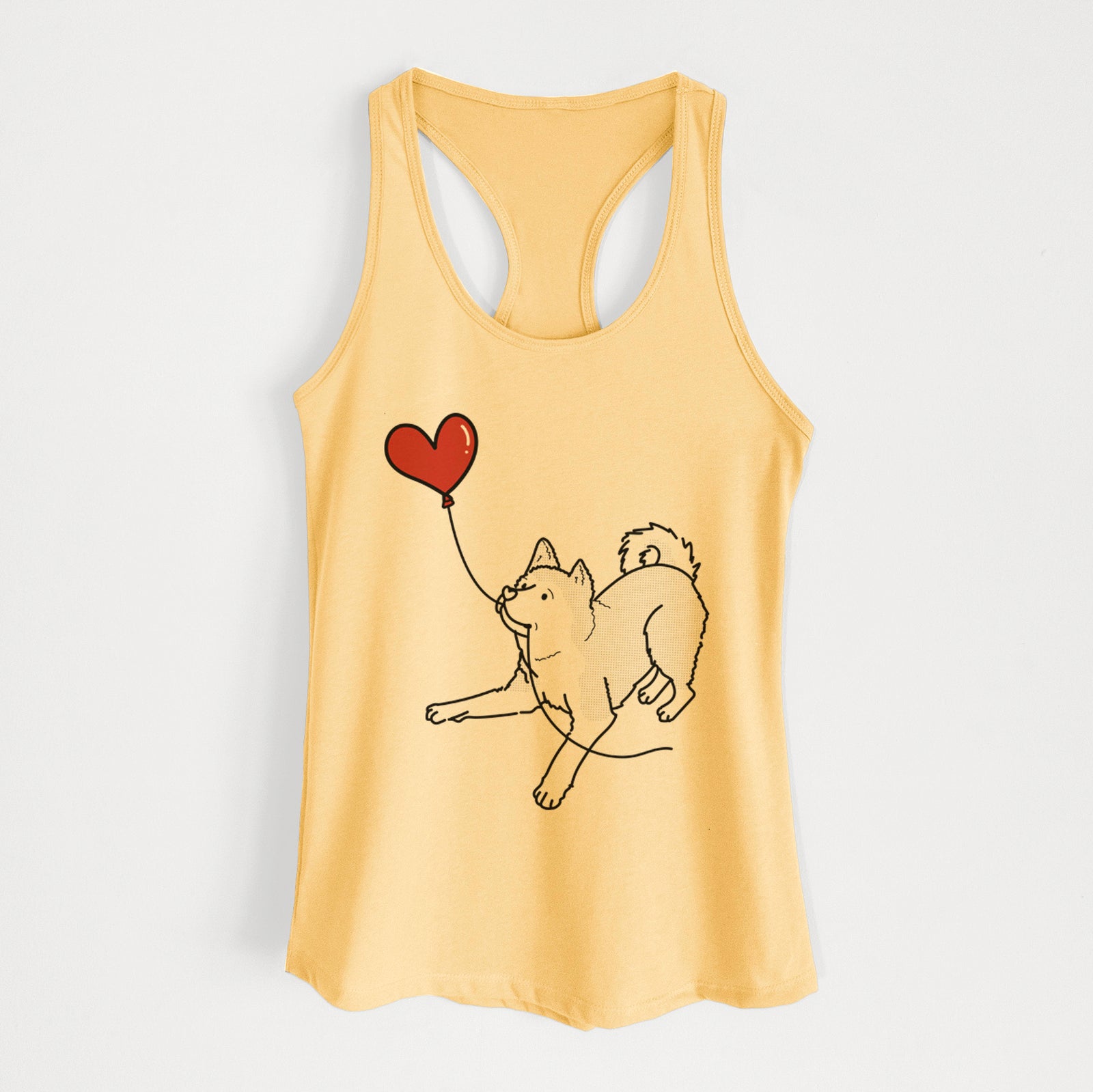 Minimalist line drawing of an Akita Heart String holding a heart balloon on a Banana Cream Women's racerback tanktop