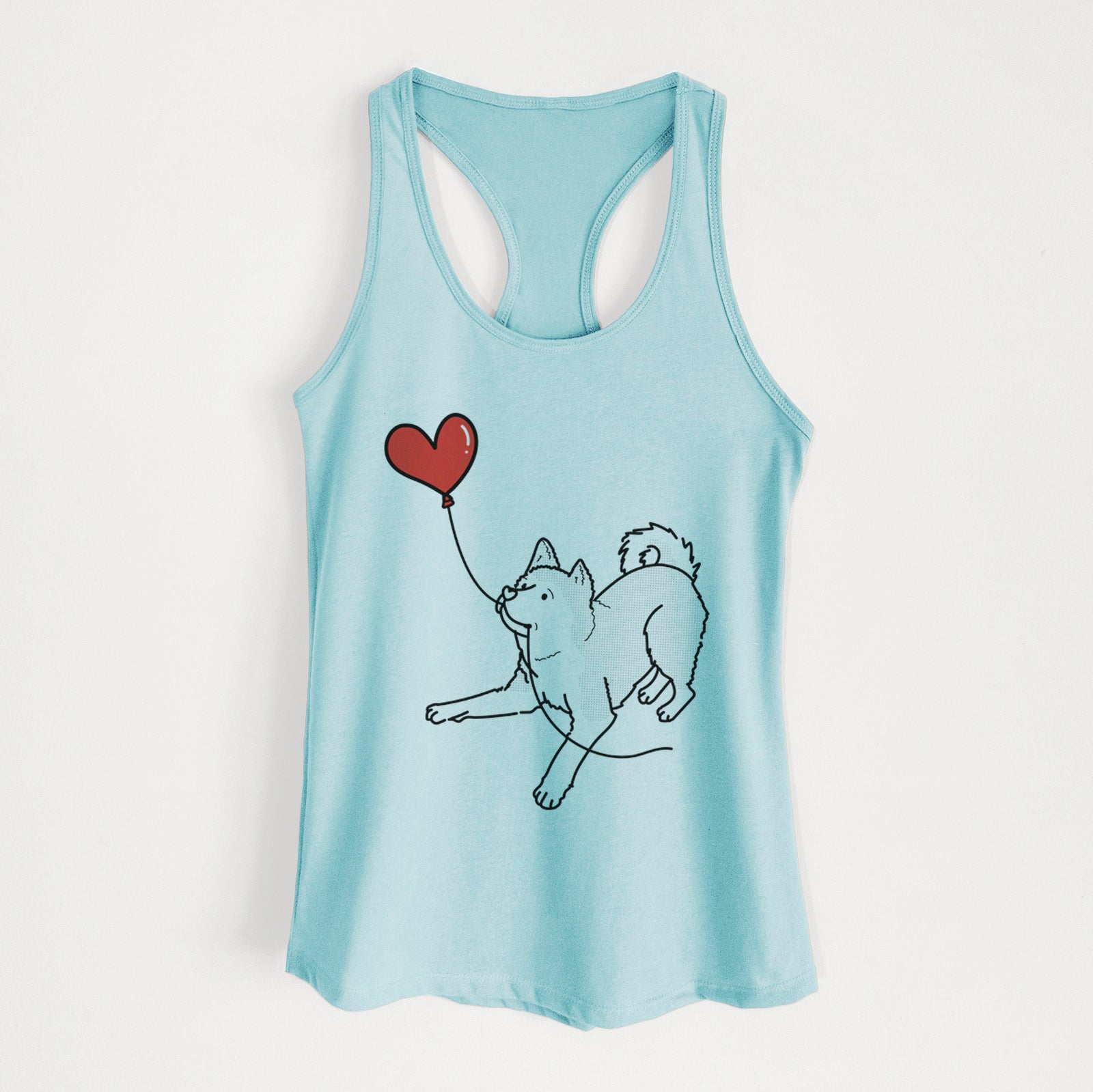 Minimalist line drawing of an Akita Heart String holding a heart balloon on a Cancun Blue Women's racerback tanktop