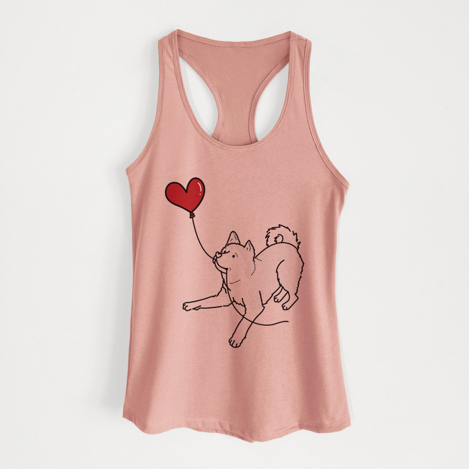 Minimalist line drawing of an Akita Heart String holding a heart balloon on a Desert Pink Women's racerback tanktop